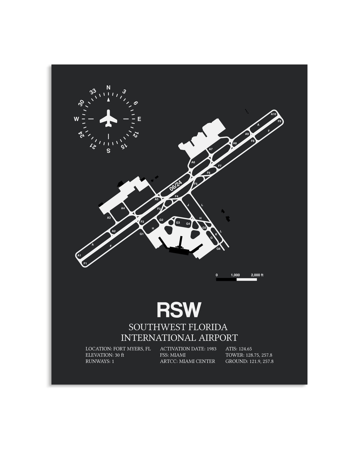 Gray Framed Southwest Florida International Airport layout wall art poster
