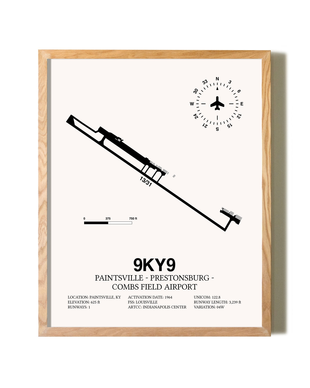 Paintsville-Prestonsburg - Combs Field Airport framed print in natural wood frame