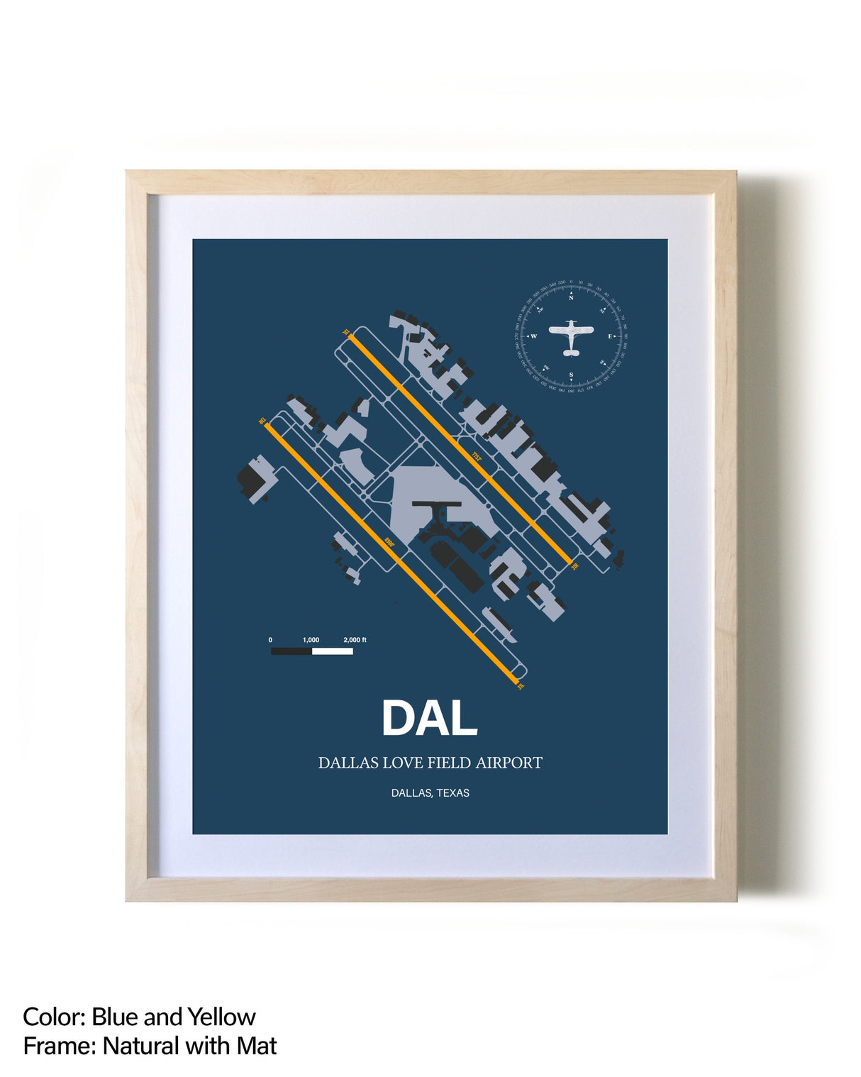 Dallas Love Field Airport framed print in natural wood frame with mat