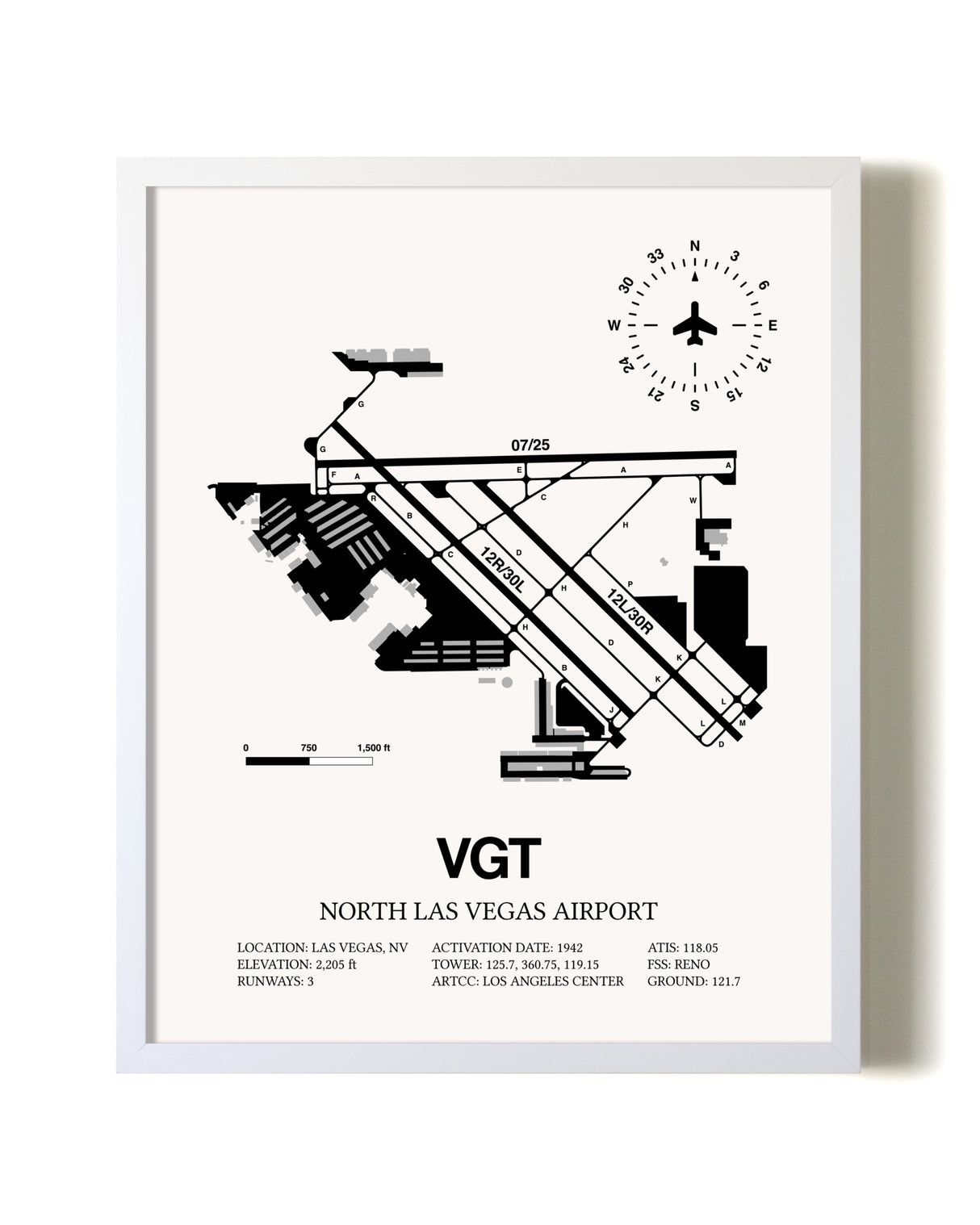 North Las Vegas Airport airport map poster in oak frame