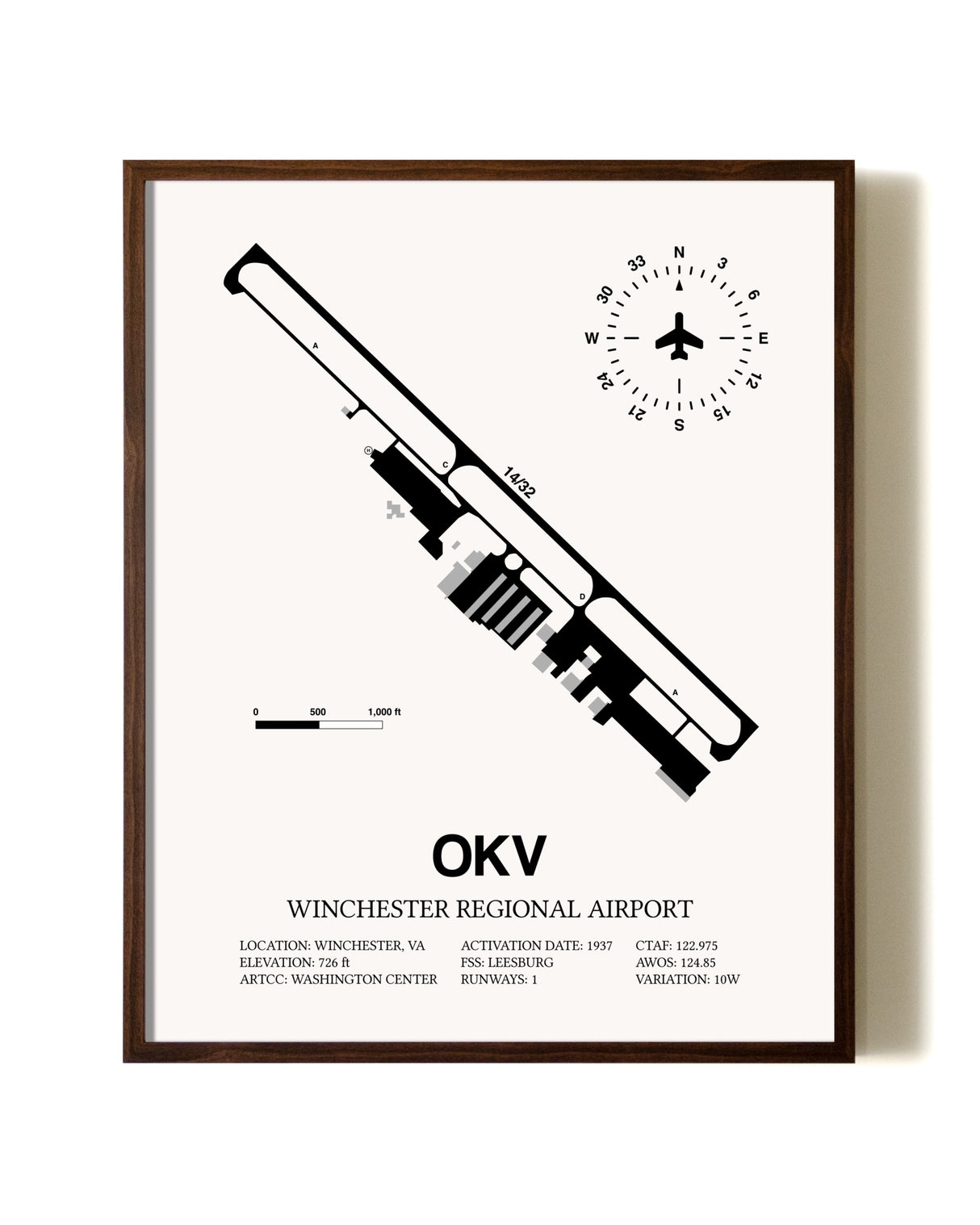 Winchester Regional Airport aviation print in walnut frame