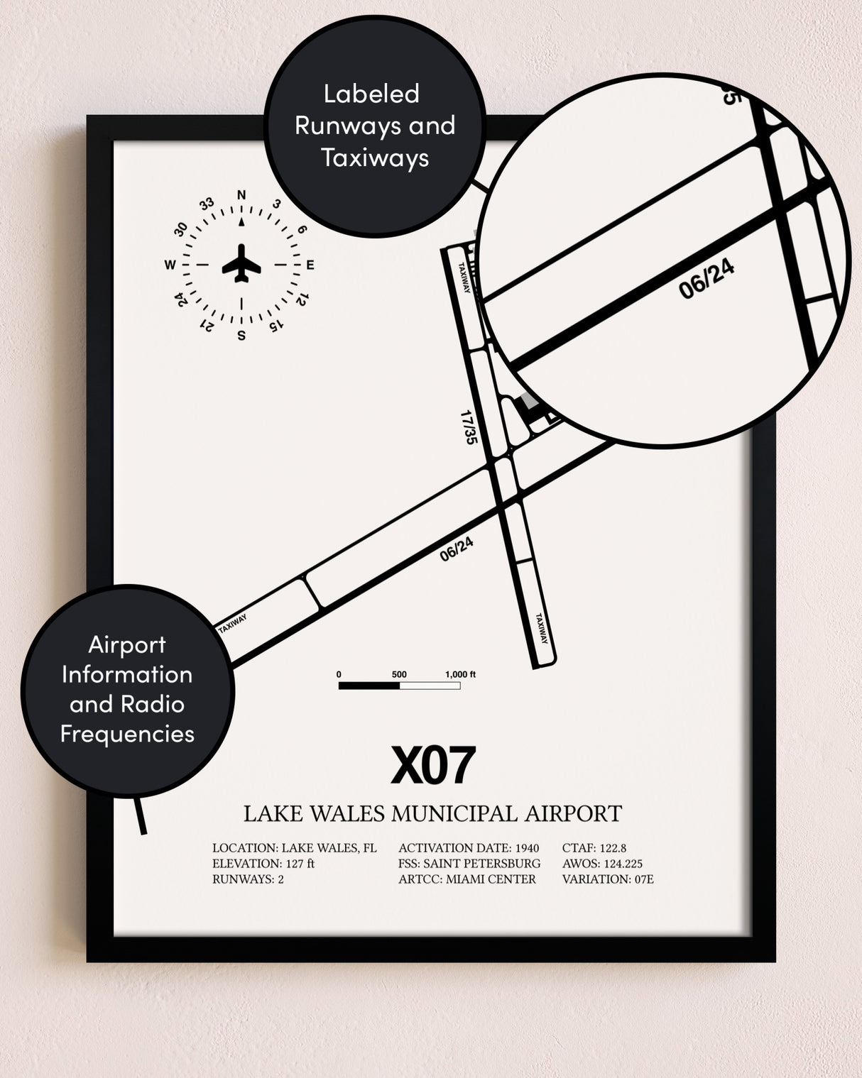 Framed Lake Wales Municipal Airport layout wall art poster