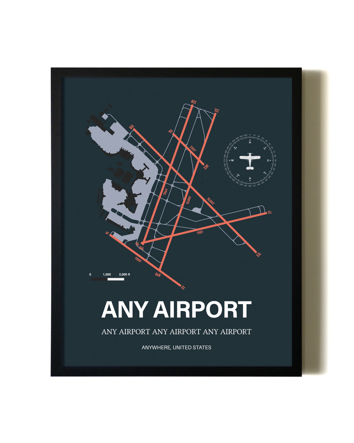 Slate Framed Any Airport wall art poster in black frame
