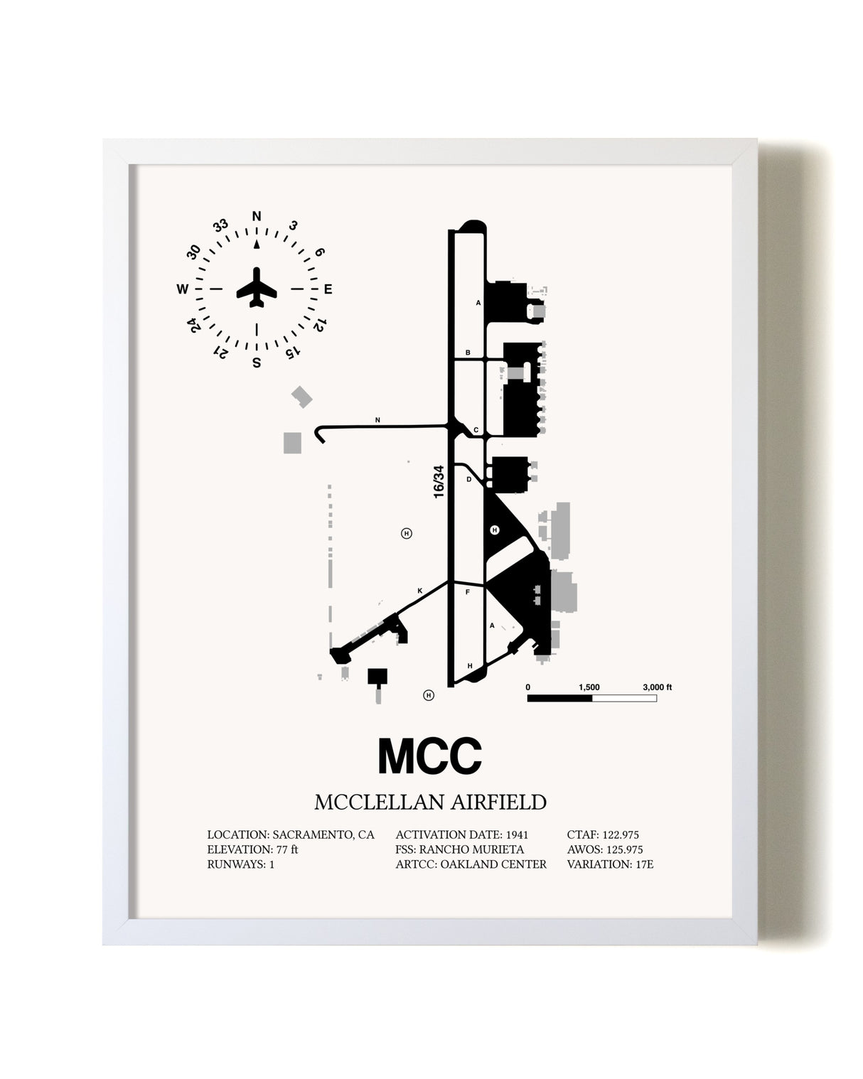 McClellan Airfield airport map poster in oak frame