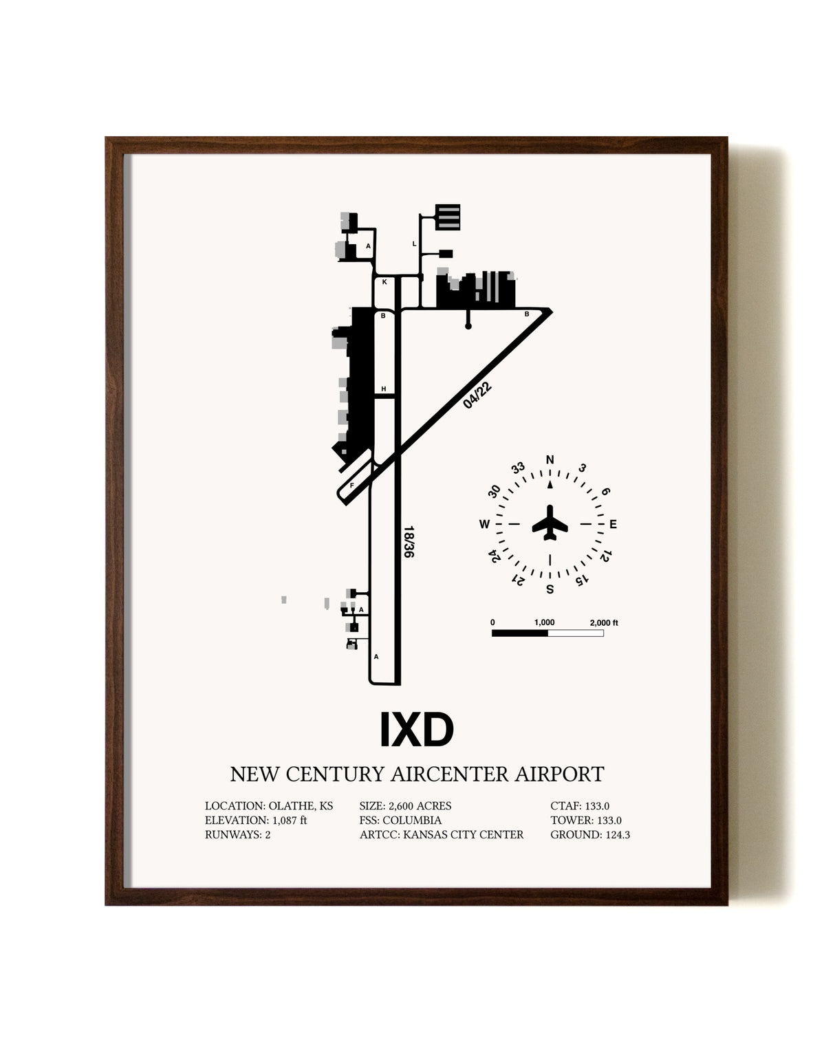 New Century Aircenter Airport aviation print in walnut frame