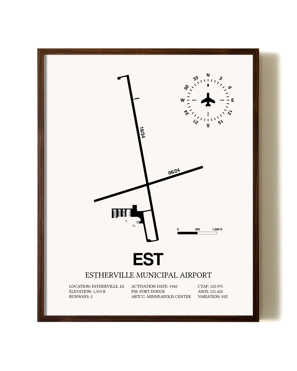Estherville Municipal Airport aviation print in walnut frame
