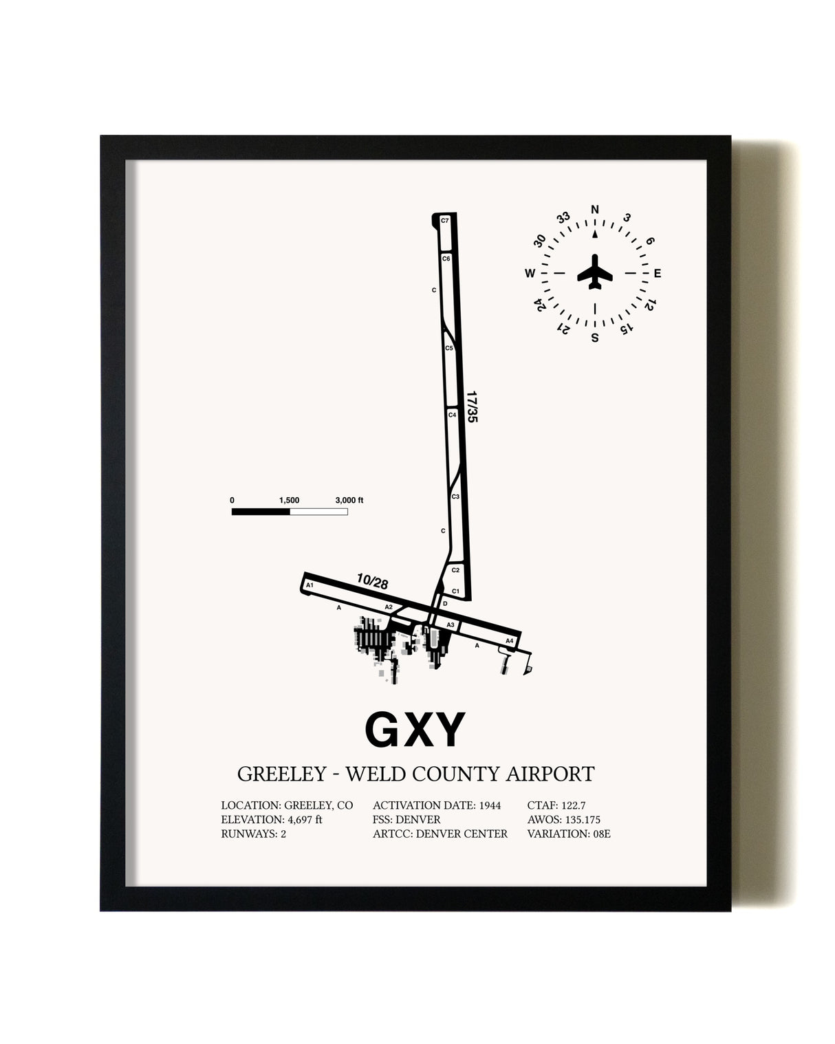 Framed Greeley-Weld County Airport wall art poster in black frame