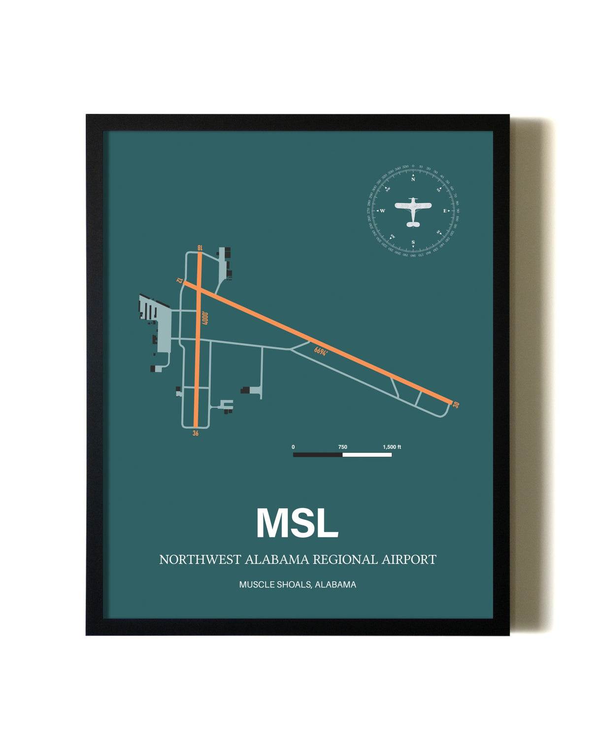 Green Northwest Alabama Regional Airport aviation wall décor in black wood frame
