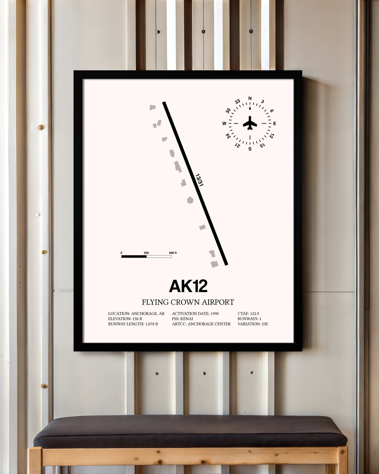 Flying Crown Airport framed poster displayed in an airplane hangar