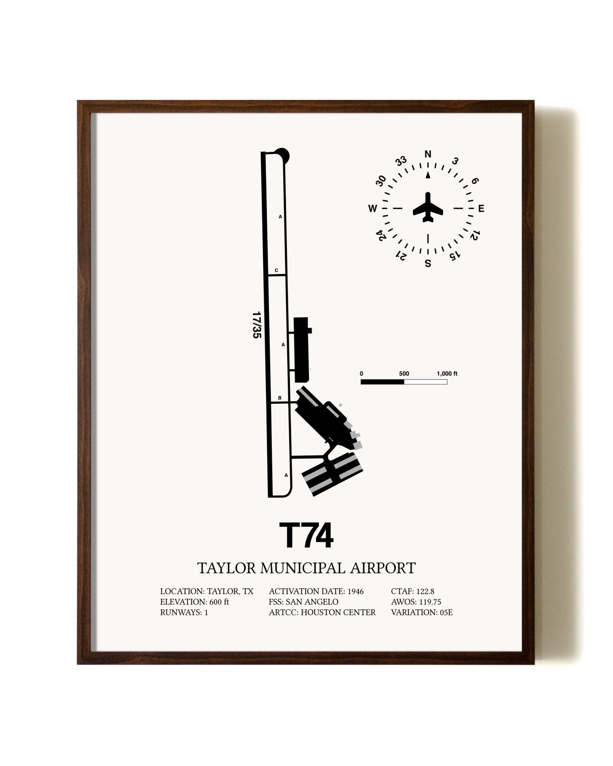 Taylor Municipal Airport aviation print in walnut frame