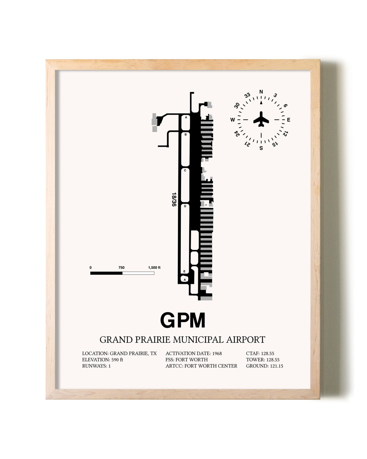 Grand Prairie Municipal Airport framed wall art in white frame