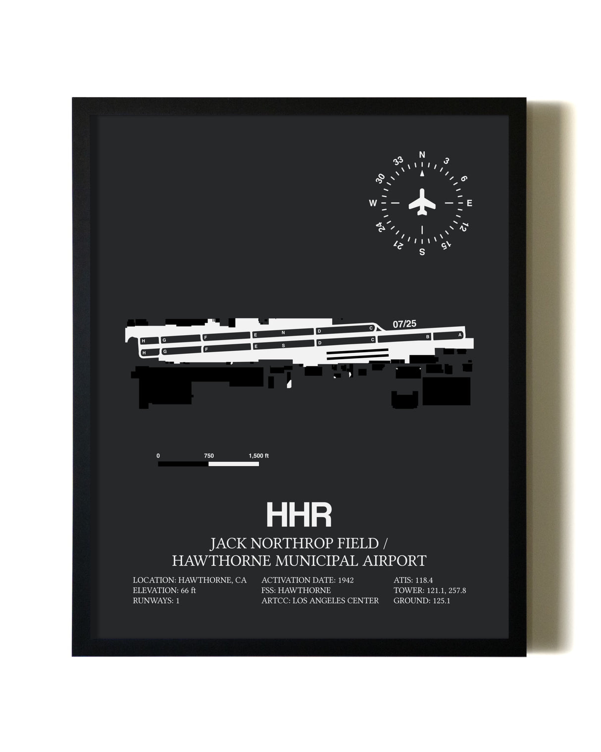 Unframed Jack Northrop Field / Hawthorne Municipal Airport map print poster