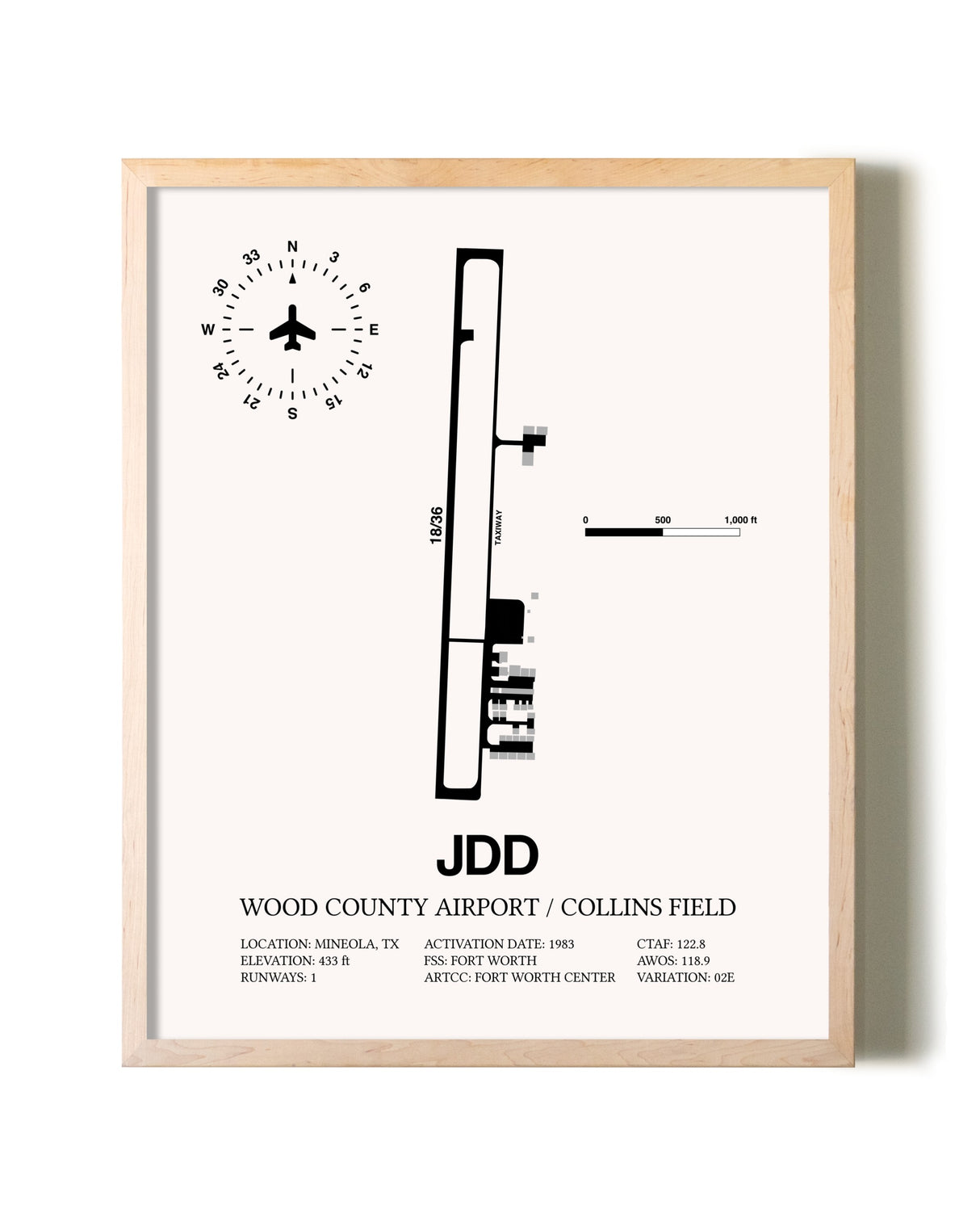 Wood County Airport / Collins Field framed wall art in white frame