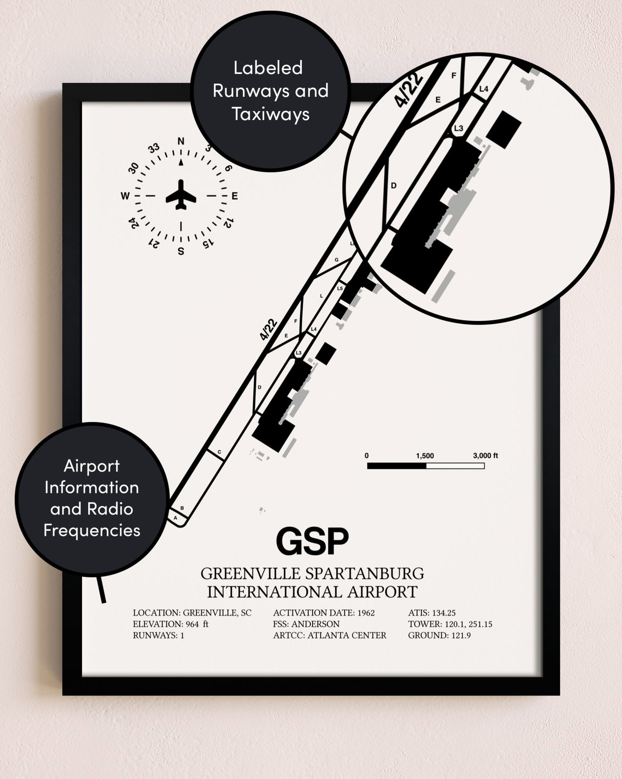 Framed Greenville Spartanburg International Airport layout wall art poster