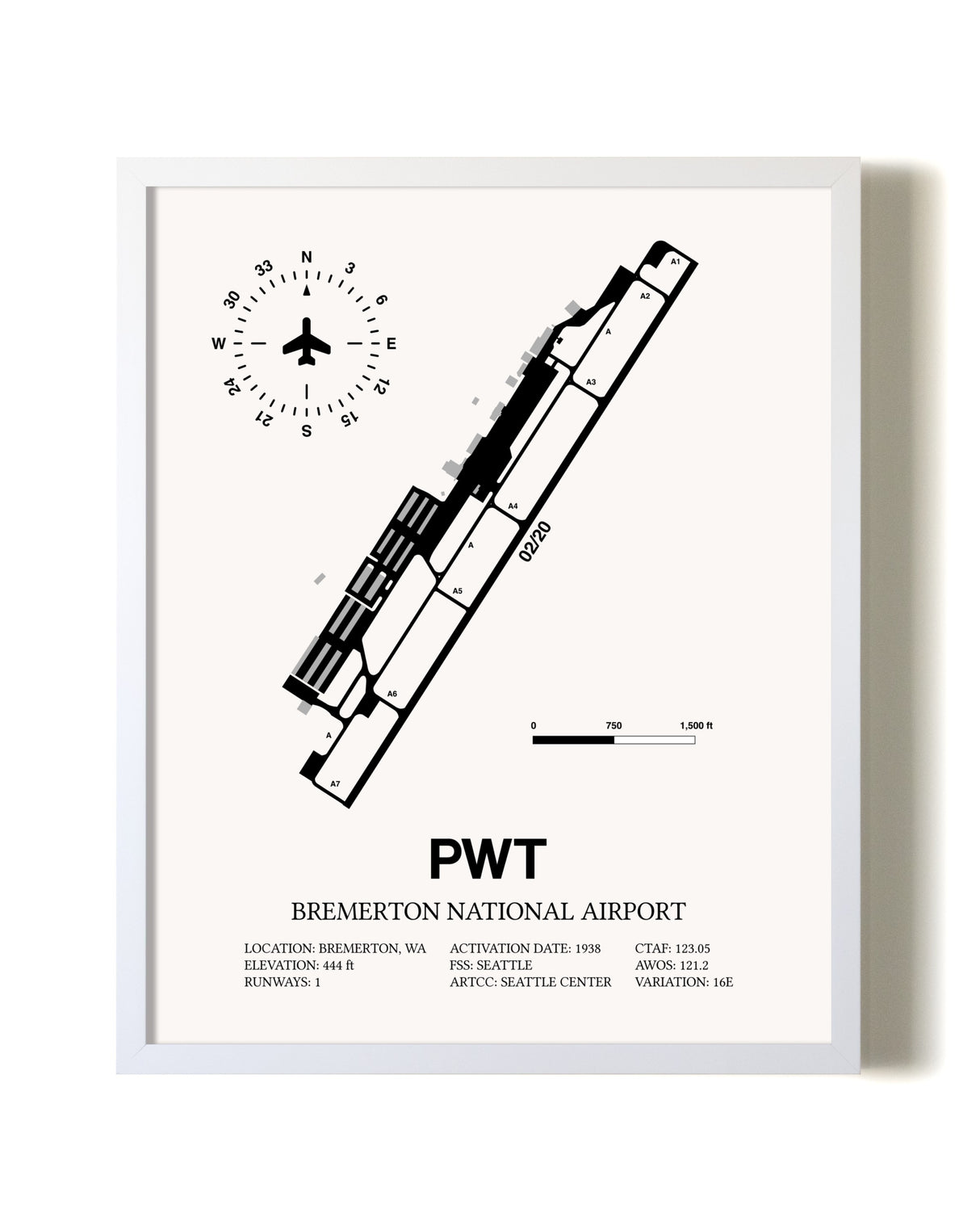 Bremerton National Airport airport map poster in oak frame