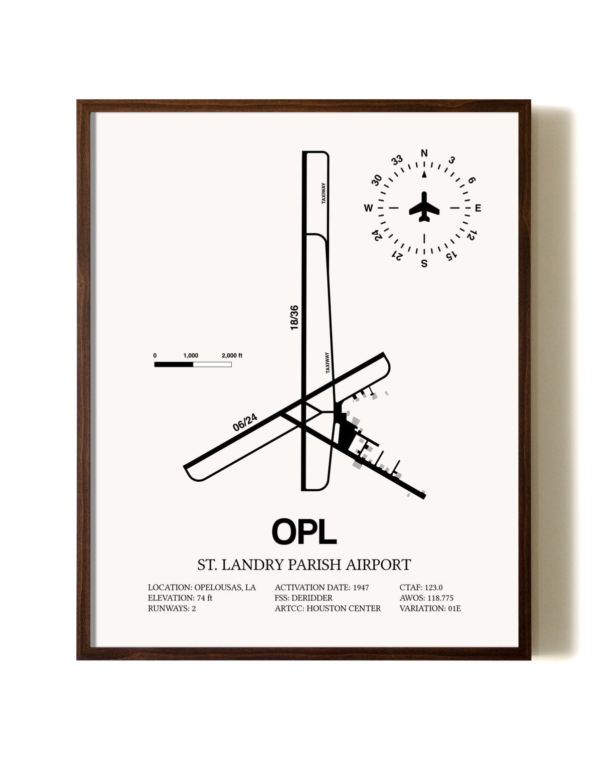 St. Landry Parish Airport aviation print in walnut frame