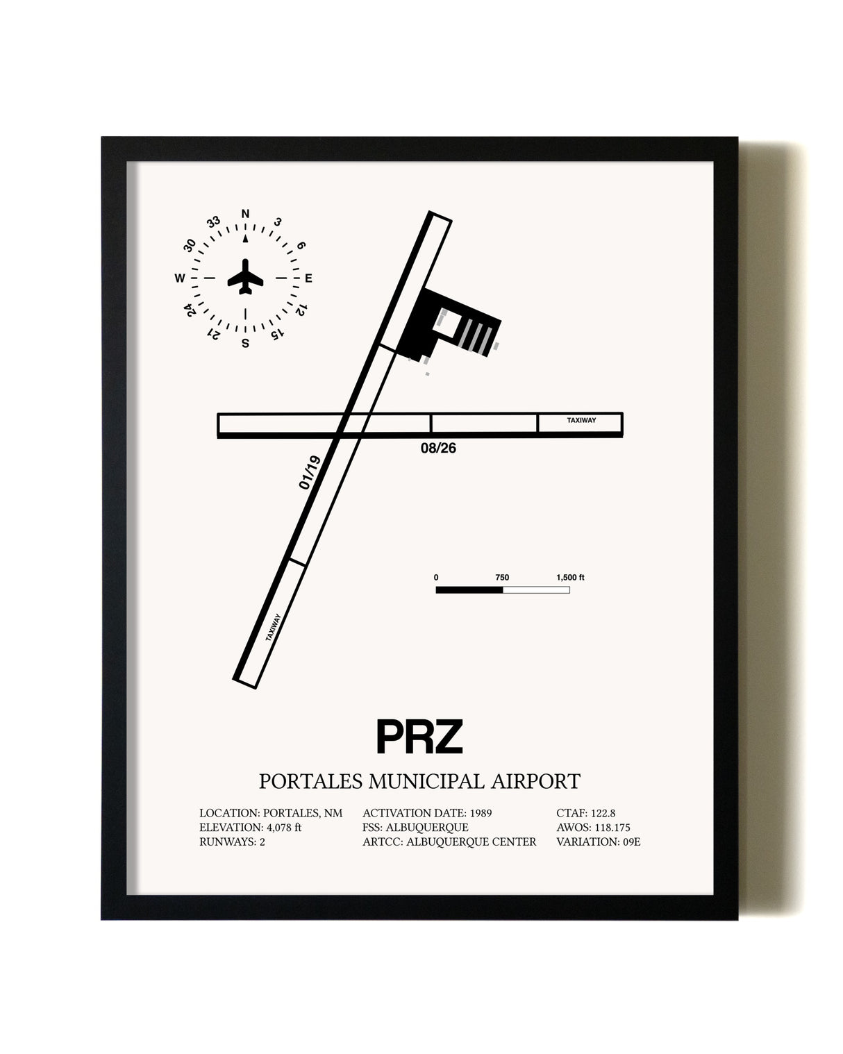 Framed Portales Municipal Airport wall art poster in black frame