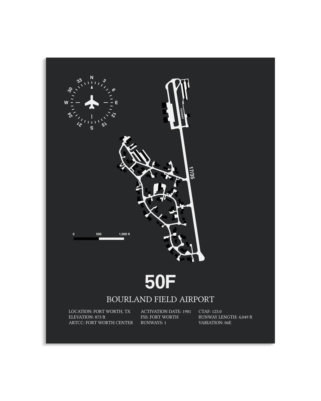 Gray Framed Bourland Field Airport layout wall art poster