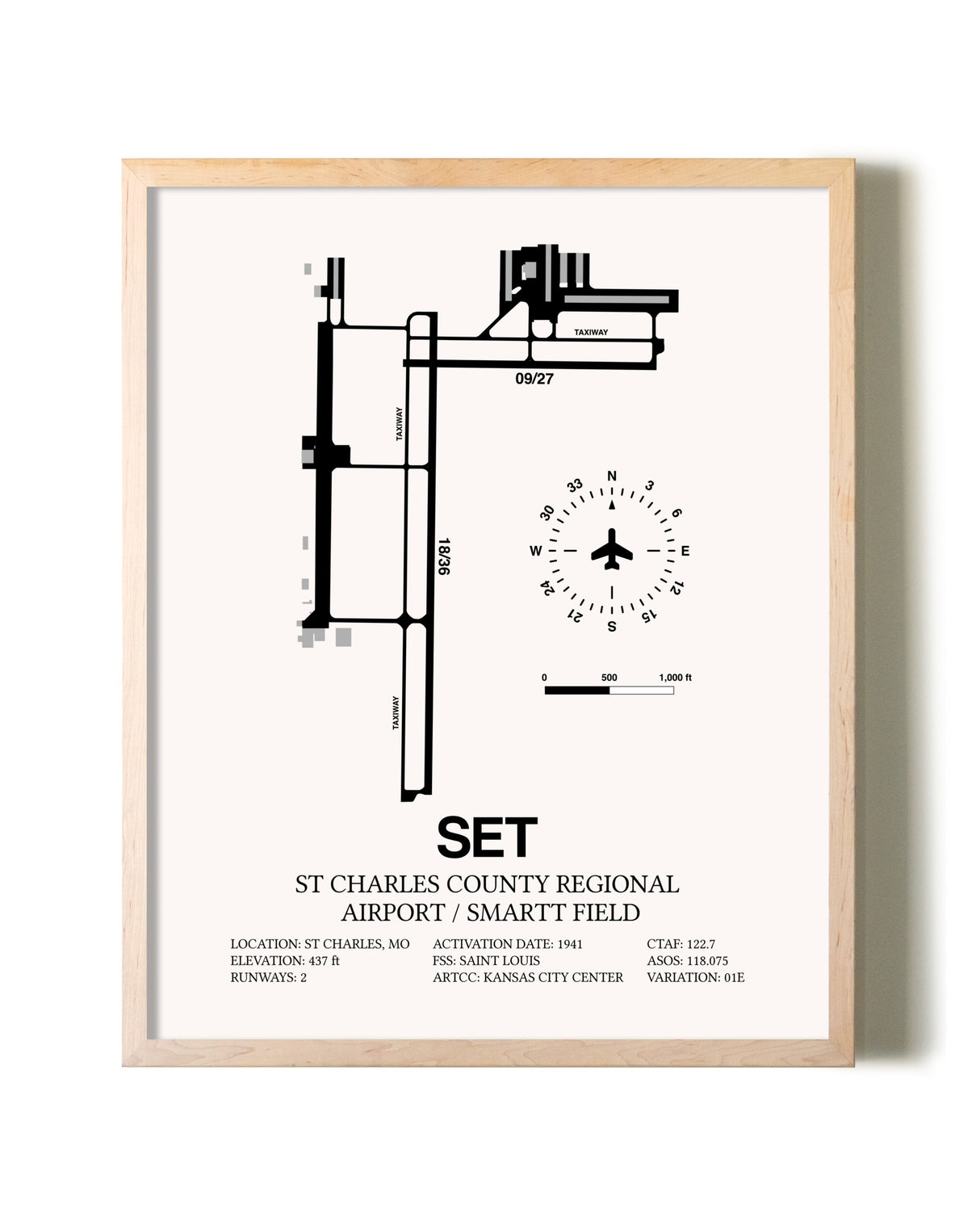 St. Charles County Regional Airport / Smartt Field framed wall art in white frame