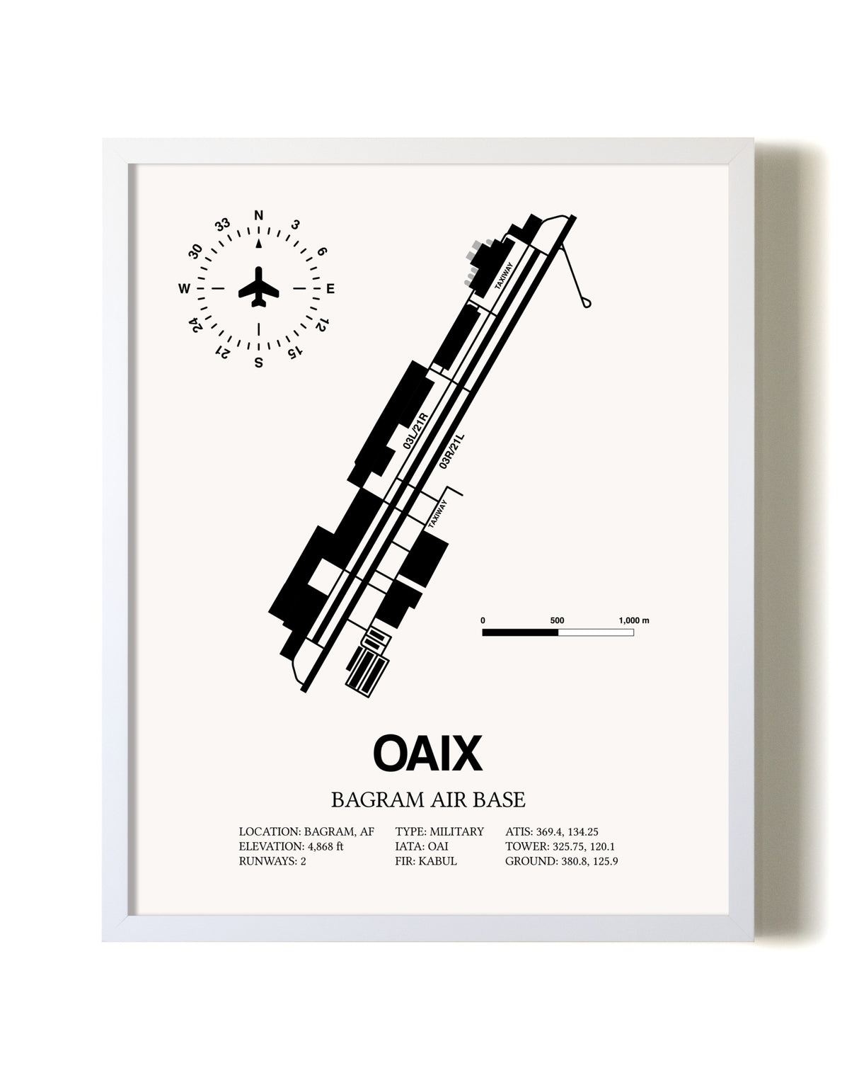 Bagram Air Base airport map poster in oak frame