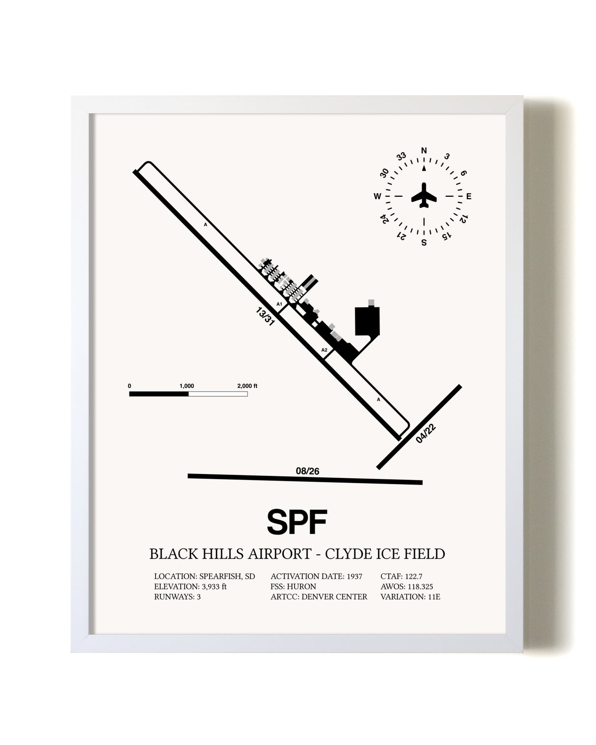 Black Hills Airport-Clyde Ice Field airport map poster in oak frame