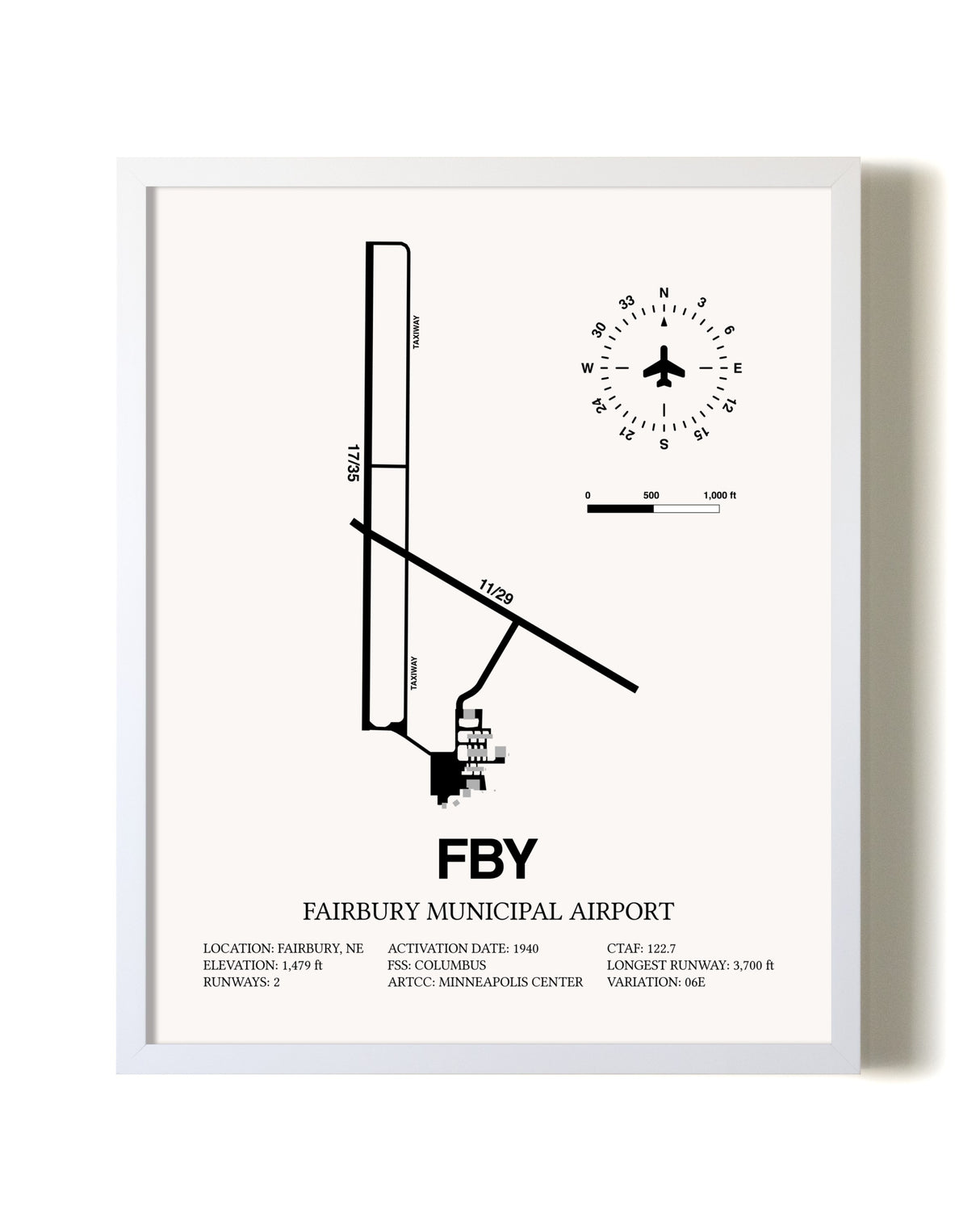 Fairbury Municipal Airport airport map poster in oak frame