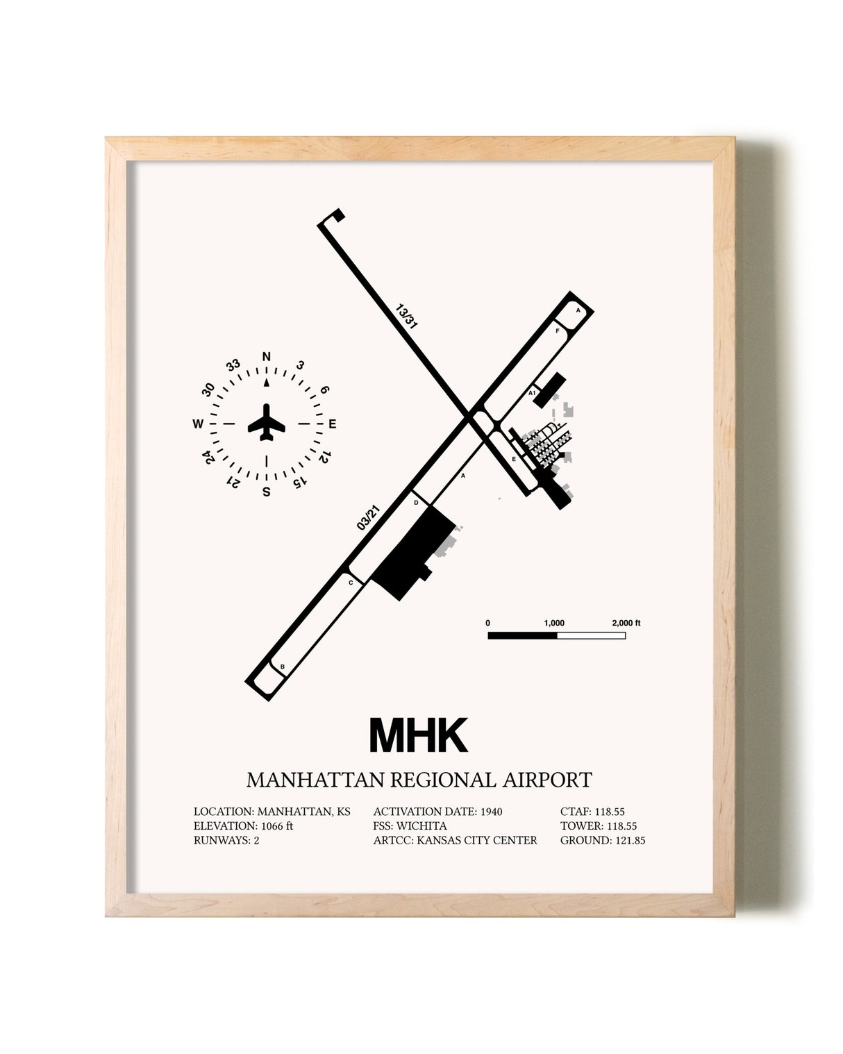 Manhattan Regional Airport framed wall art in white frame