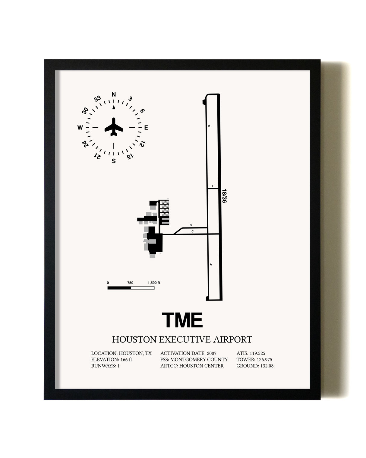 Framed Houston Executive Airport wall art poster in black frame