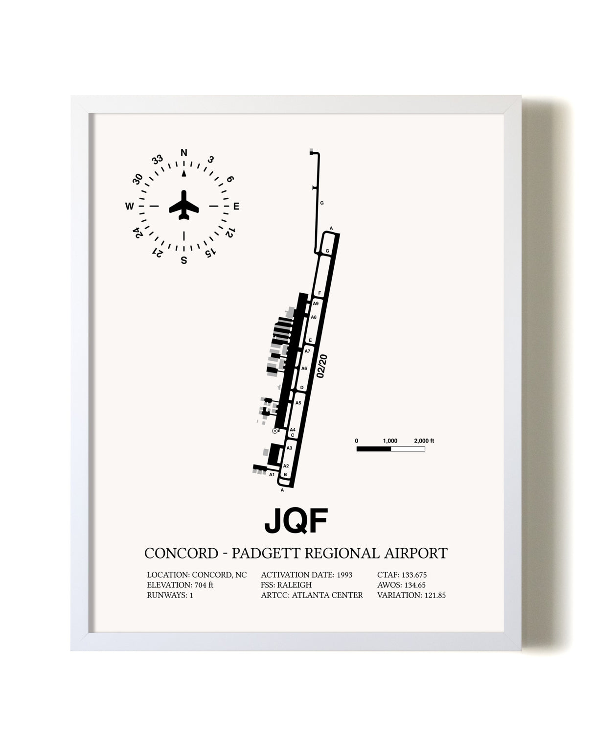 Concord-Padgett Regional Airport airport map poster in oak frame