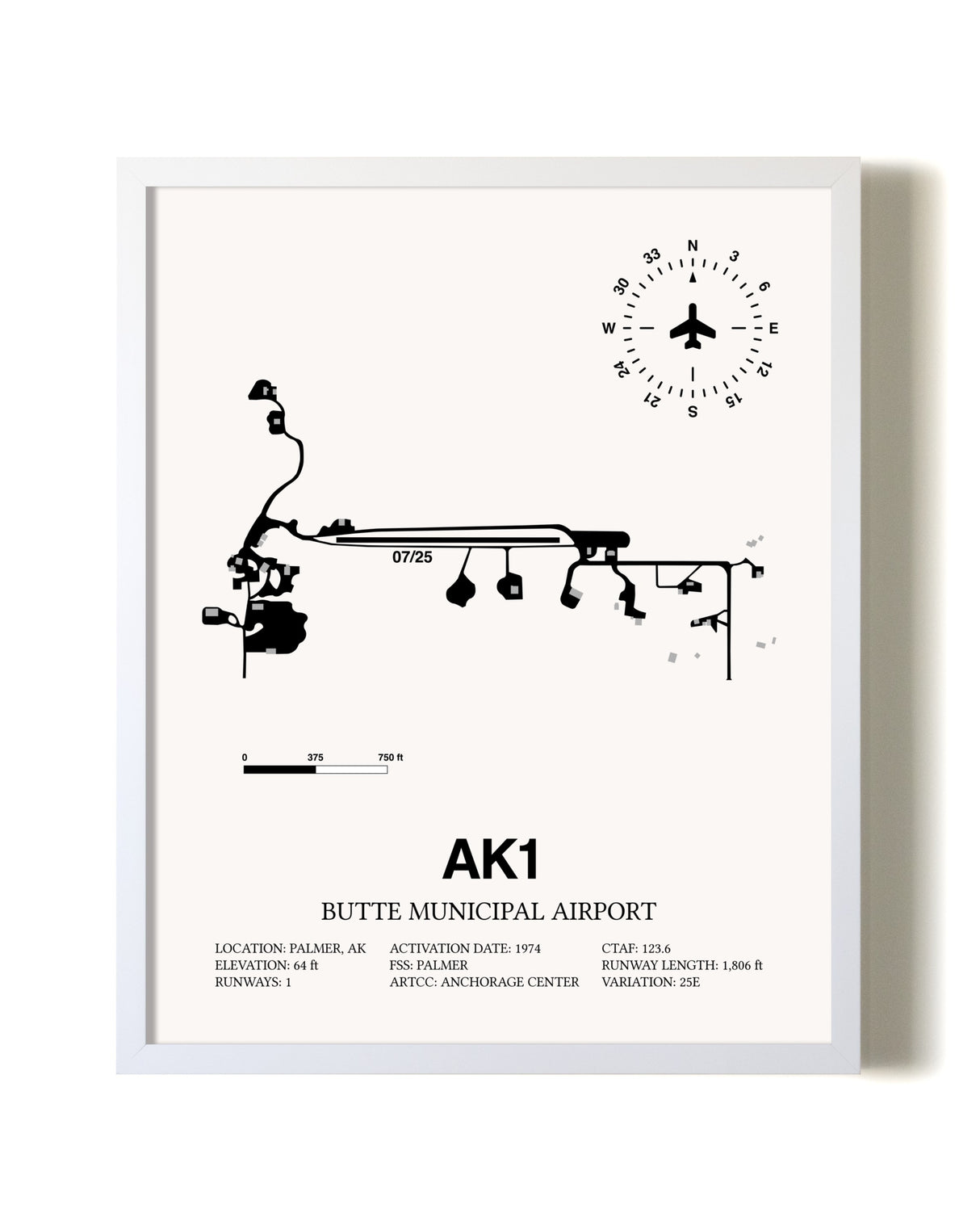 Butte Municipal Airport airport map poster in oak frame