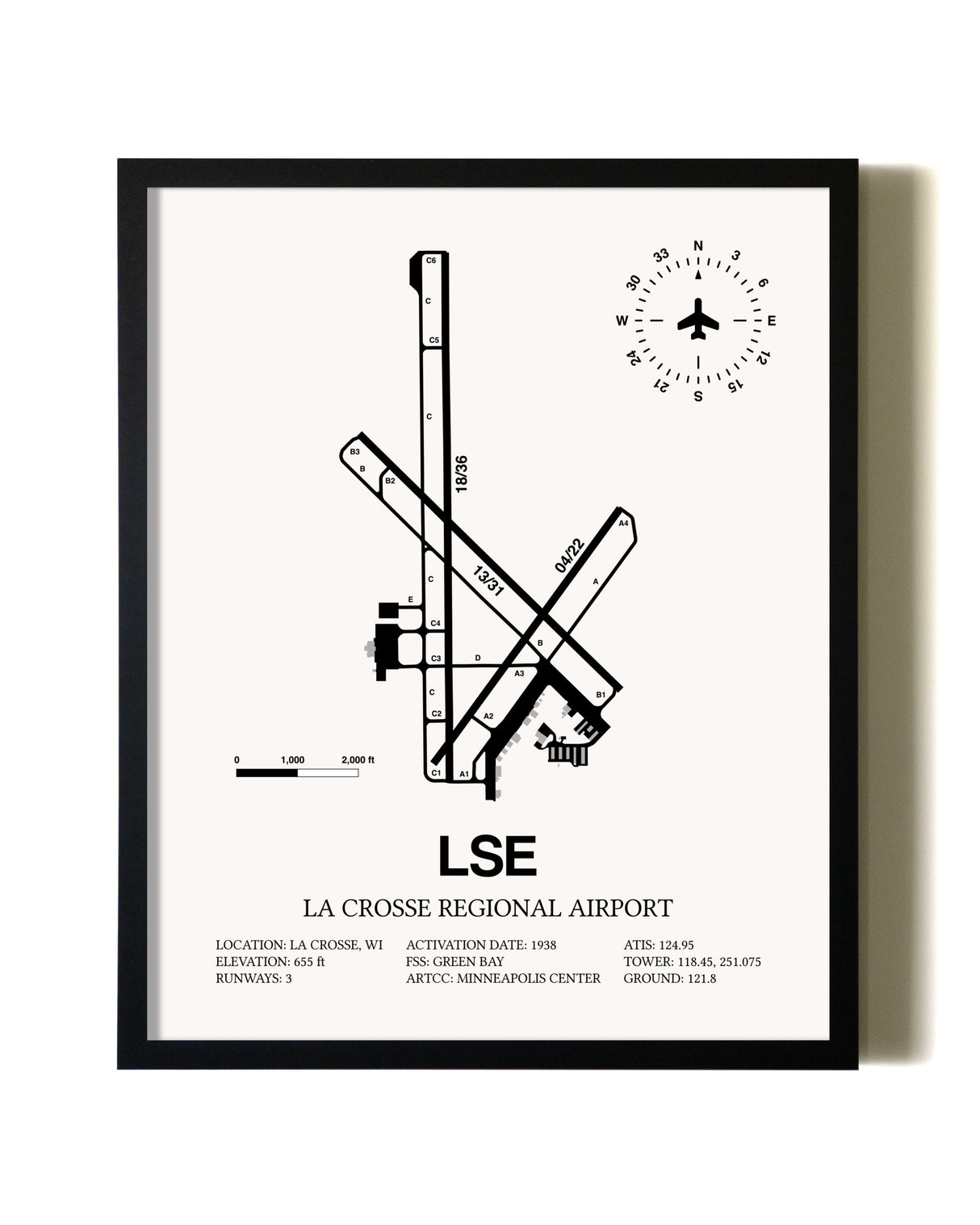 Framed La Crosse Regional Airport wall art poster in black frame
