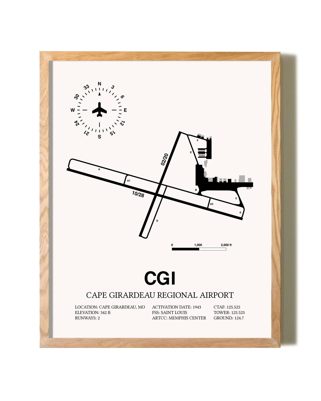 Cape Girardeau Regional Airport framed print in natural wood frame