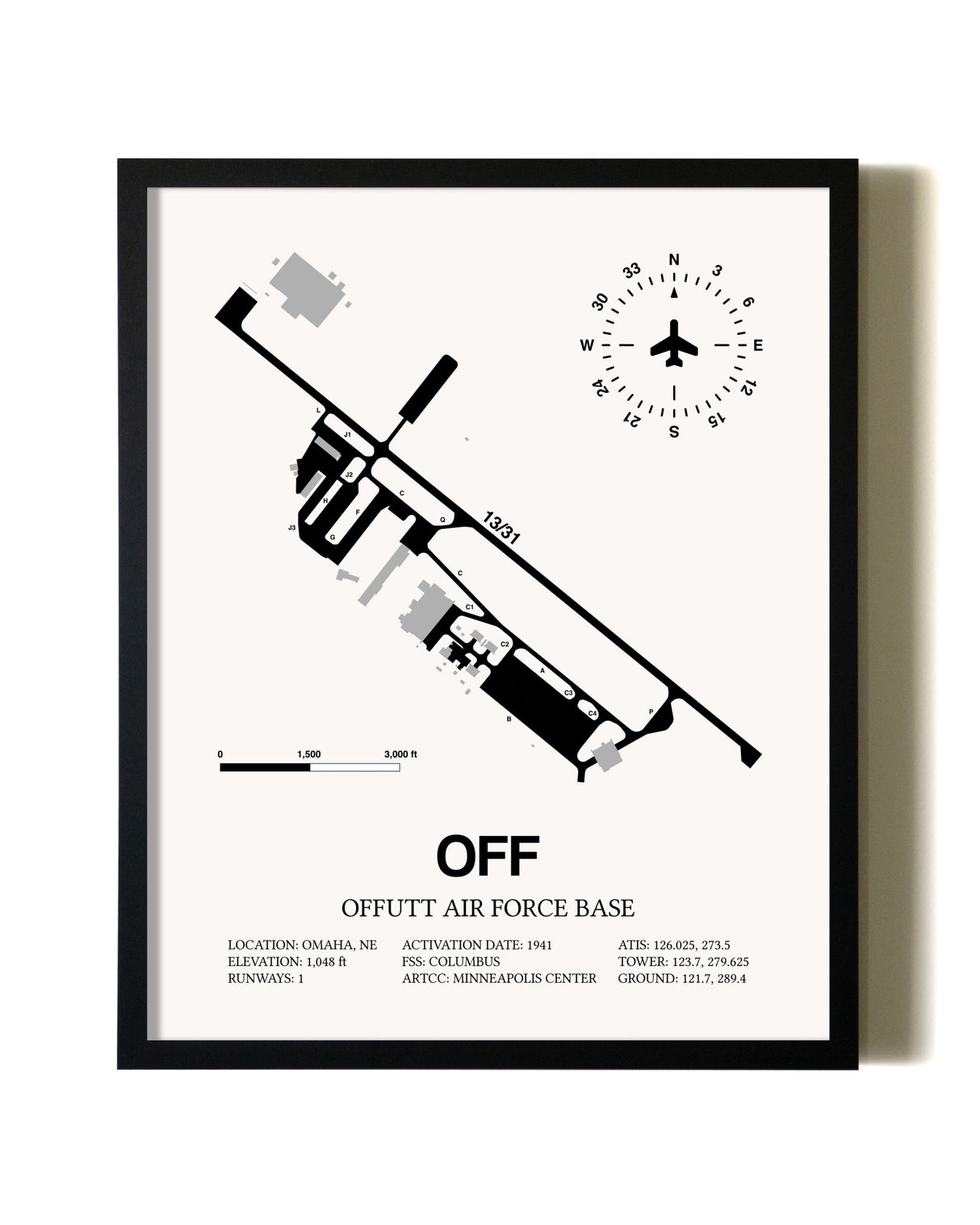 Framed Offutt Air Force Base wall art poster in black frame