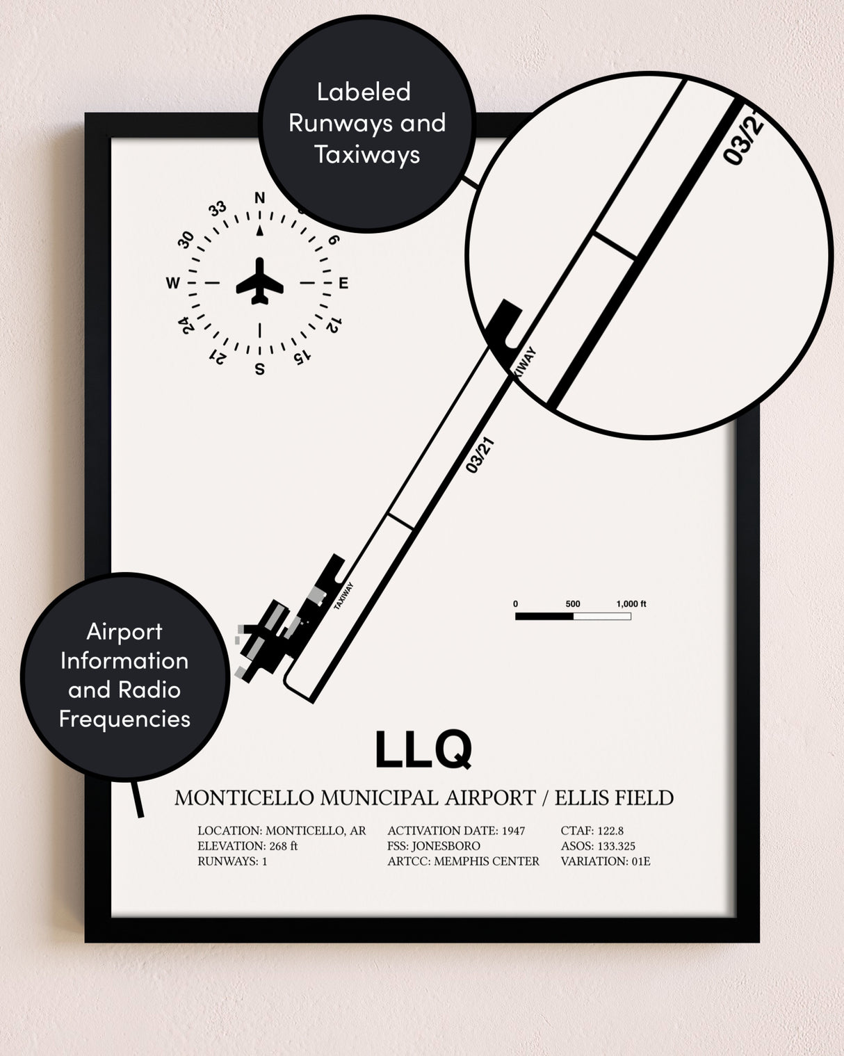 Framed Monticello Municipal Airport / Ellis Field layout wall art poster
