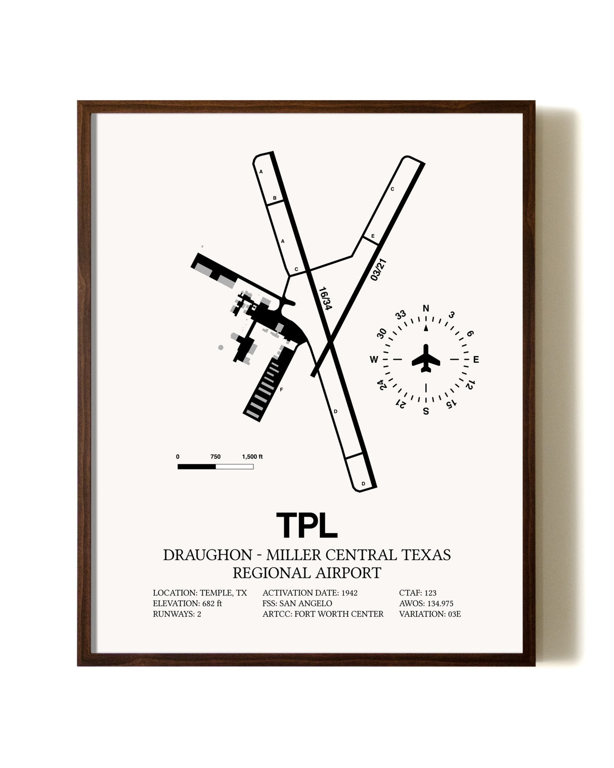 Draughon-Miller Central Texas Regional Airport aviation print in walnut frame