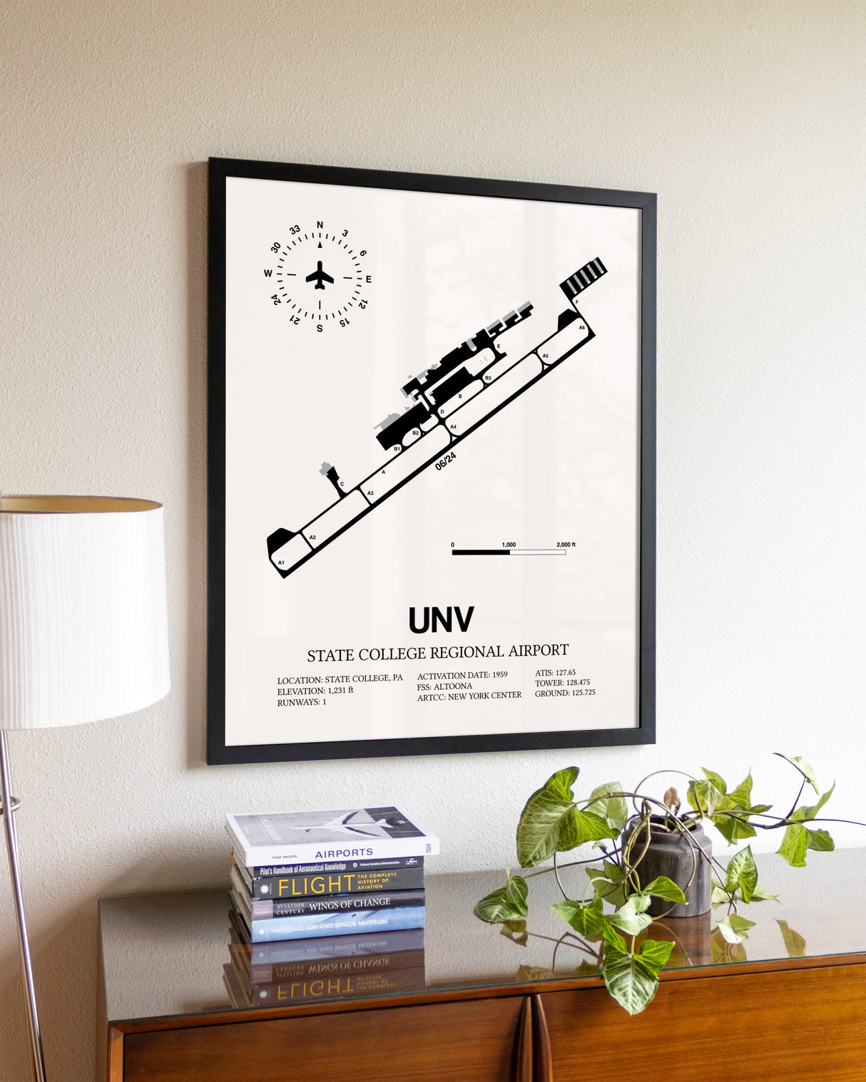 State College Regional Airport aviation wall décor in black wood frame