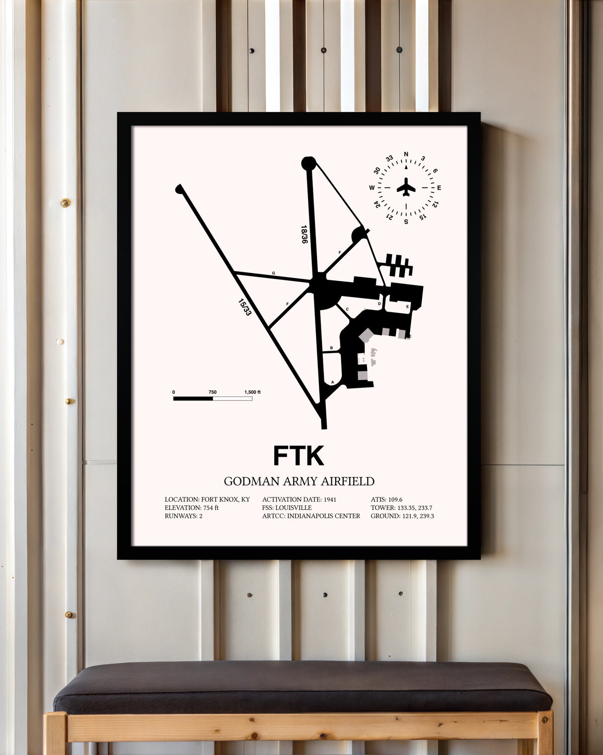 Godman Army Airfield framed poster displayed in an airplane hangar