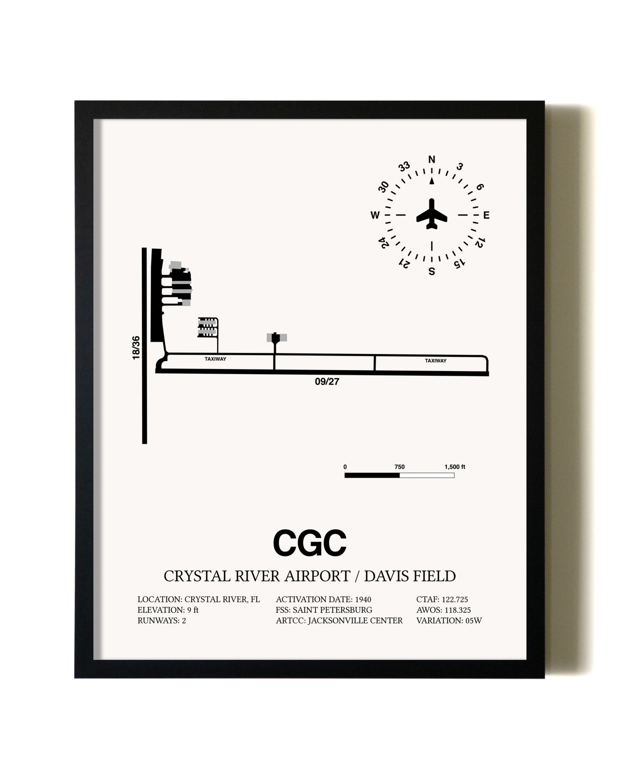 Framed Crystal River Airport / Davis Field wall art poster in black frame