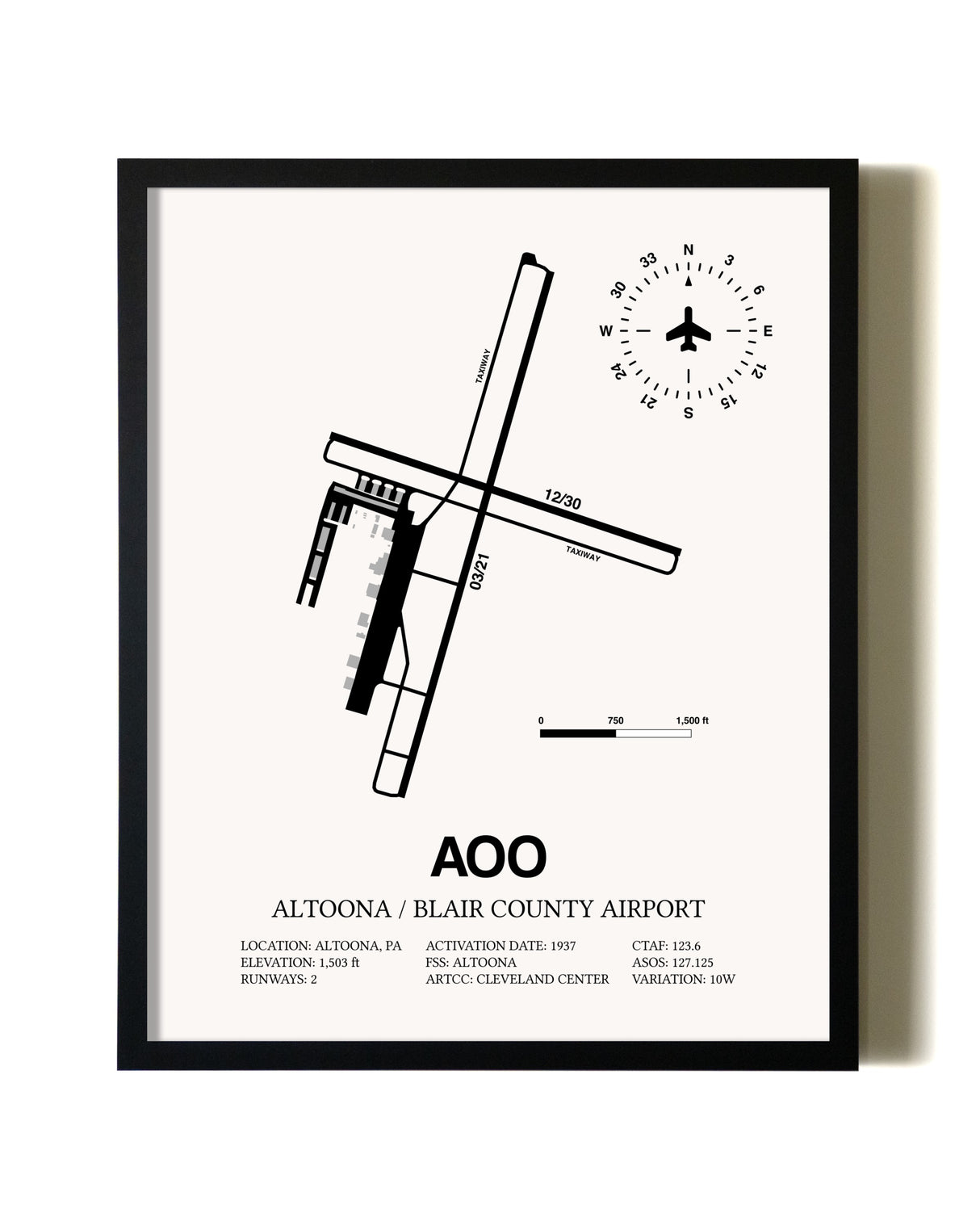 Framed Altoona / Blair County Airport wall art poster in black frame