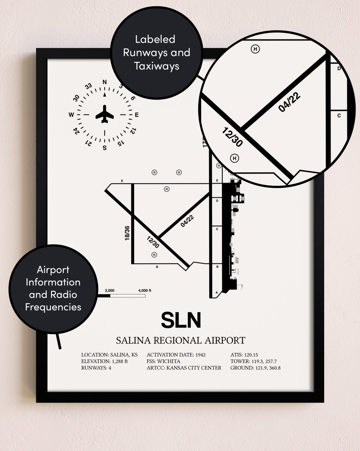 Framed Salina Regional Airport layout wall art poster