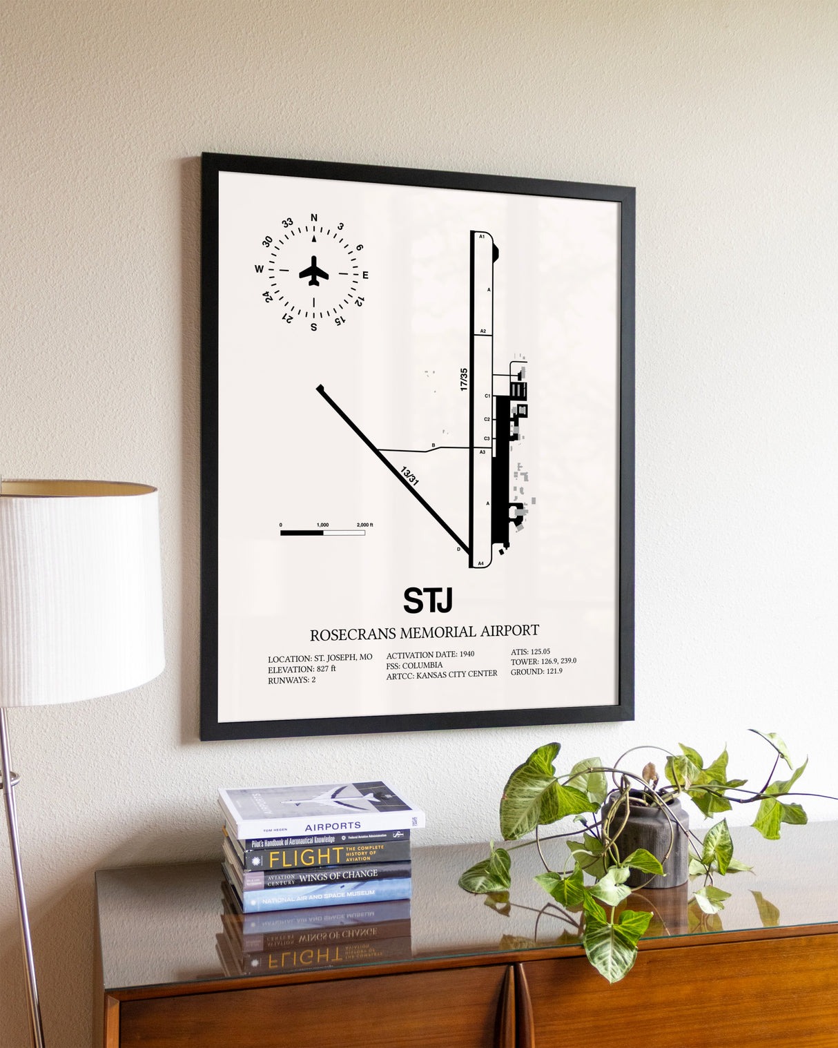 Rosecrans Memorial Airport aviation wall décor in black wood frame