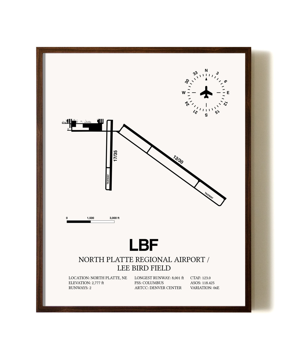 North Platte Regional Airport / Lee Bird Field aviation print in walnut frame