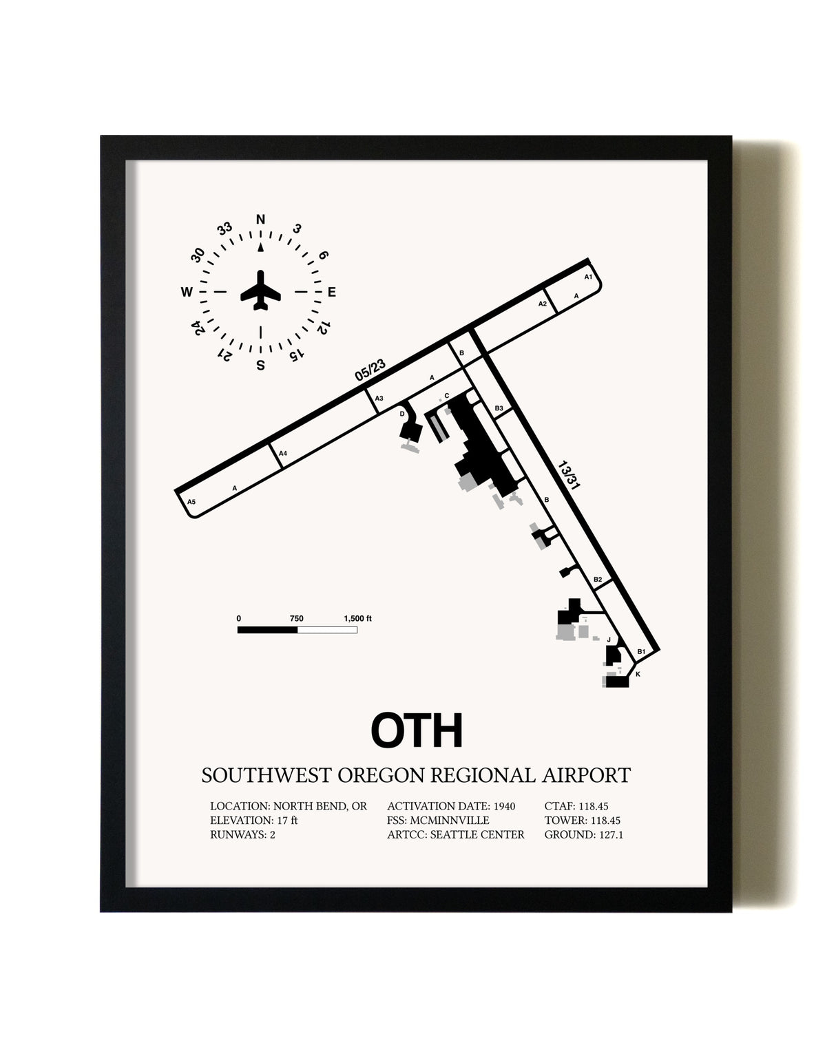 Framed Southwest Oregon Regional Airport wall art poster in black frame
