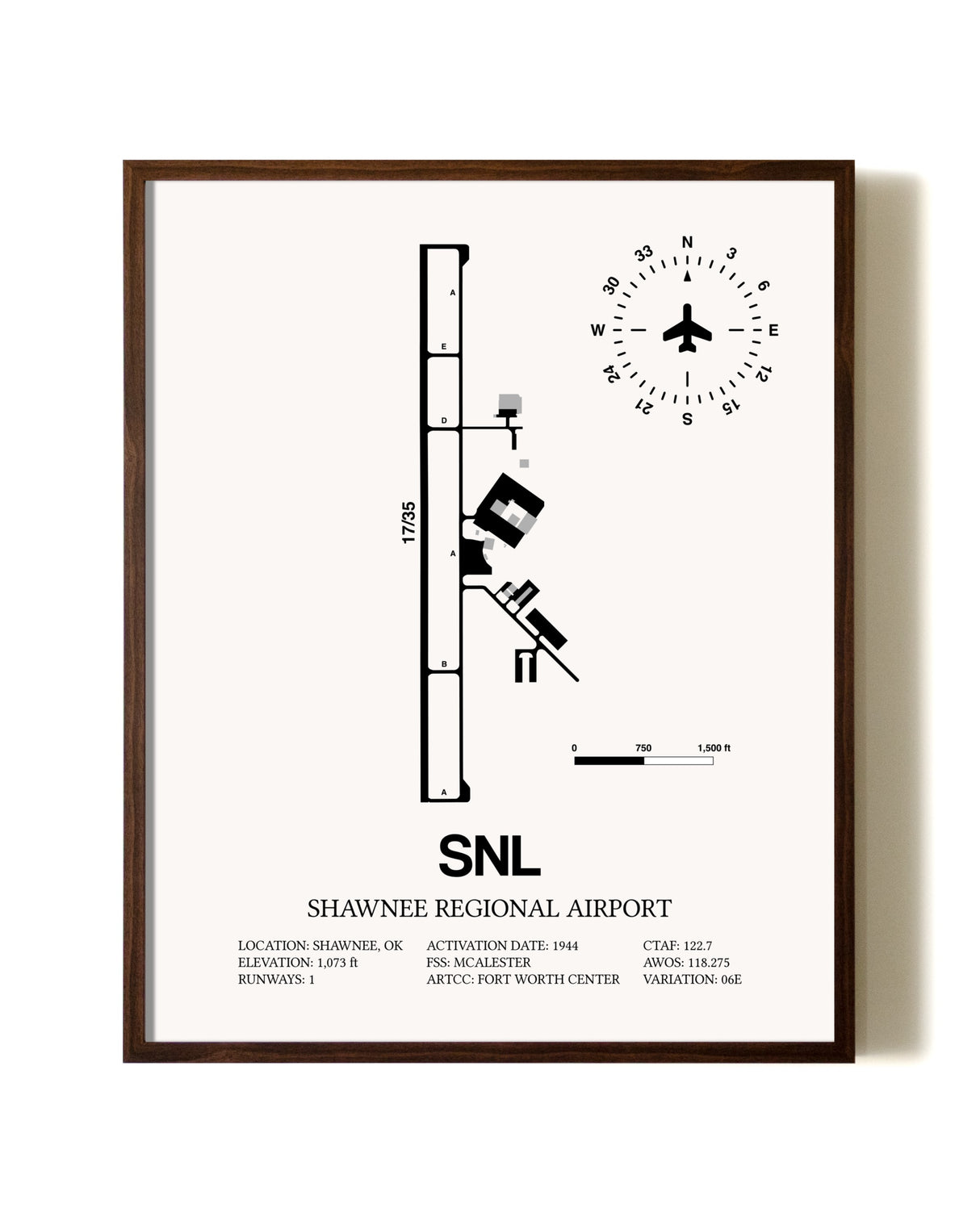 Shawnee Regional Airport aviation print in walnut frame
