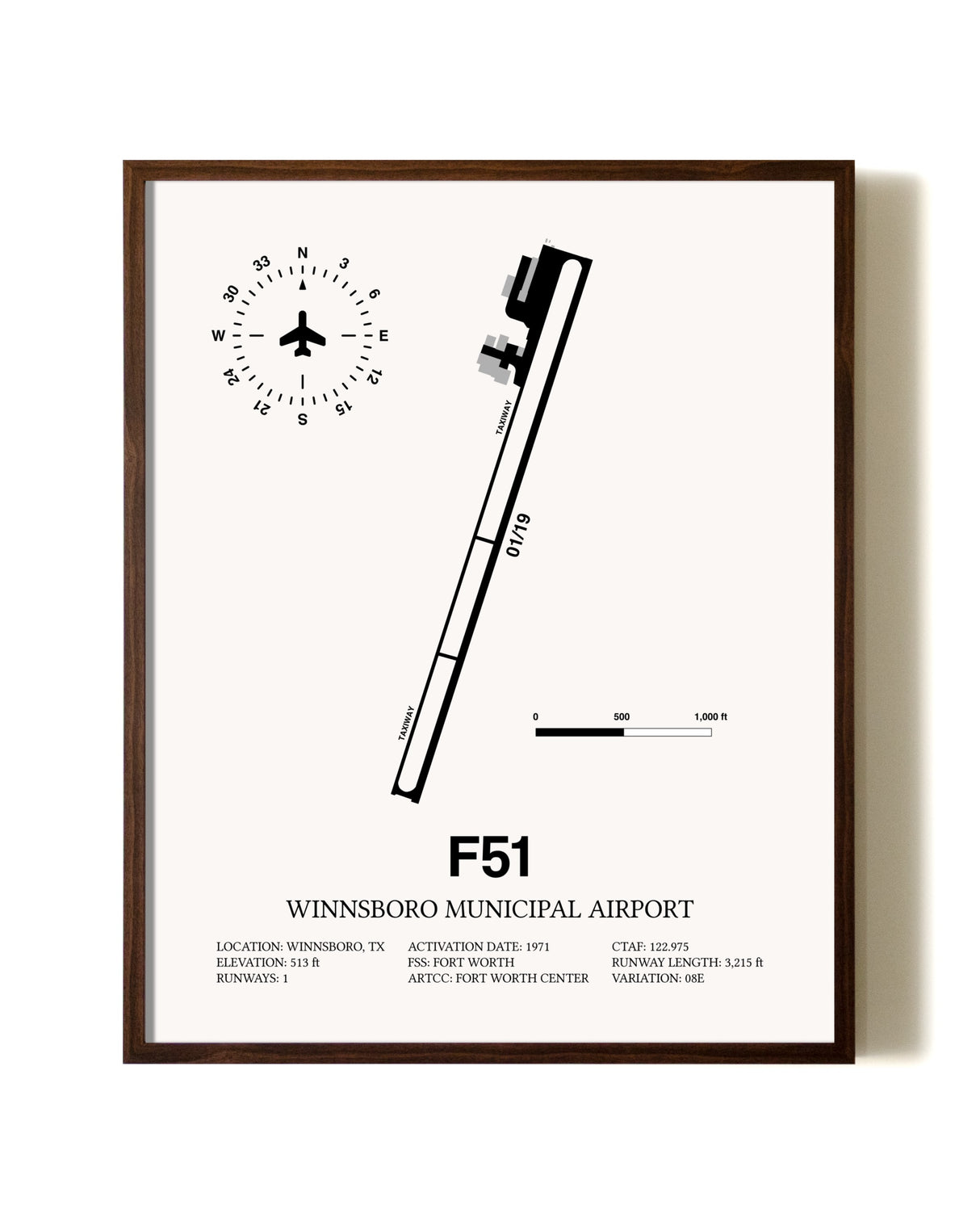 Winnsboro Municipal Airport aviation print in walnut frame