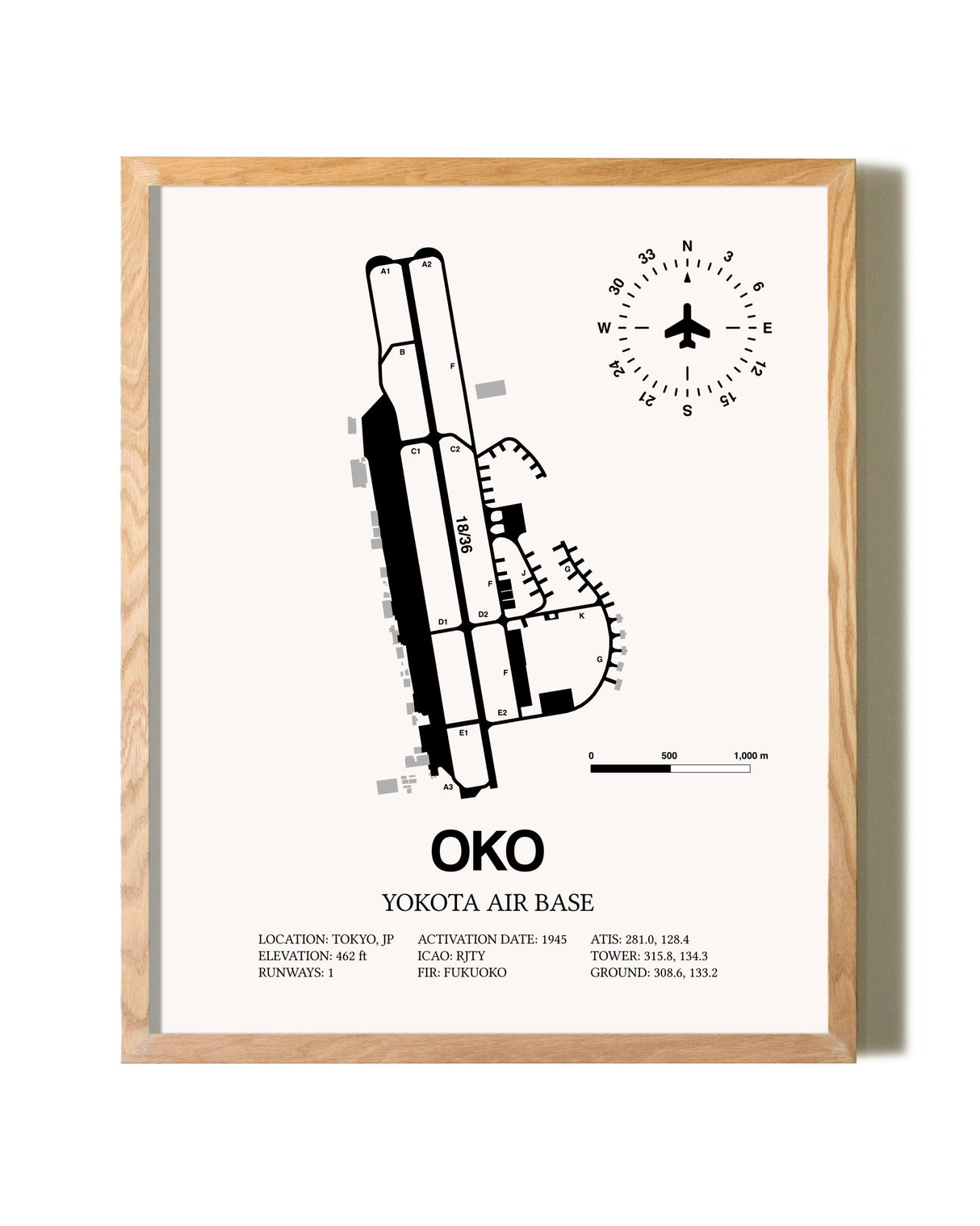 Yokota Air Base framed print in natural wood frame