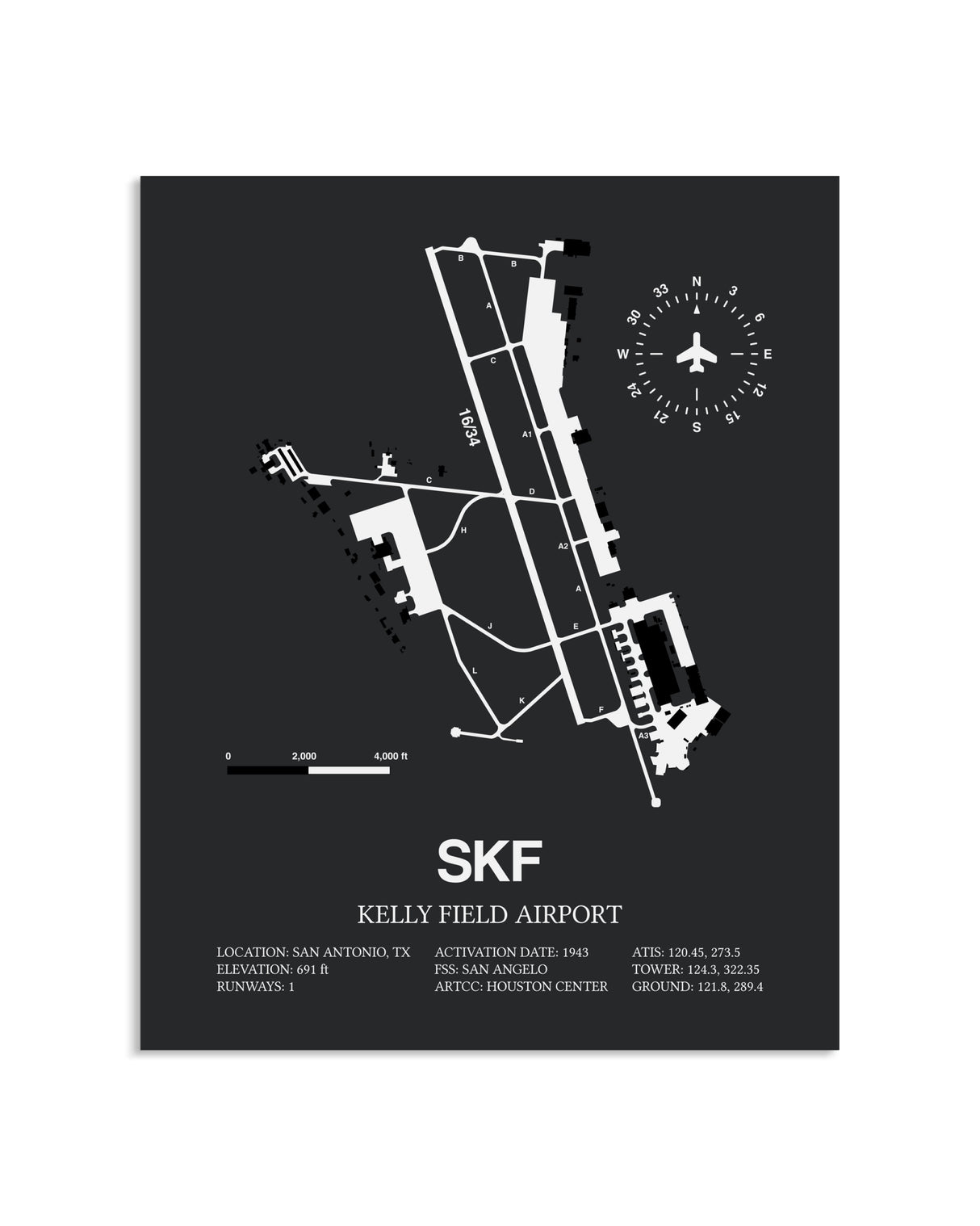 Gray Framed Kelly Field Airport layout wall art poster
