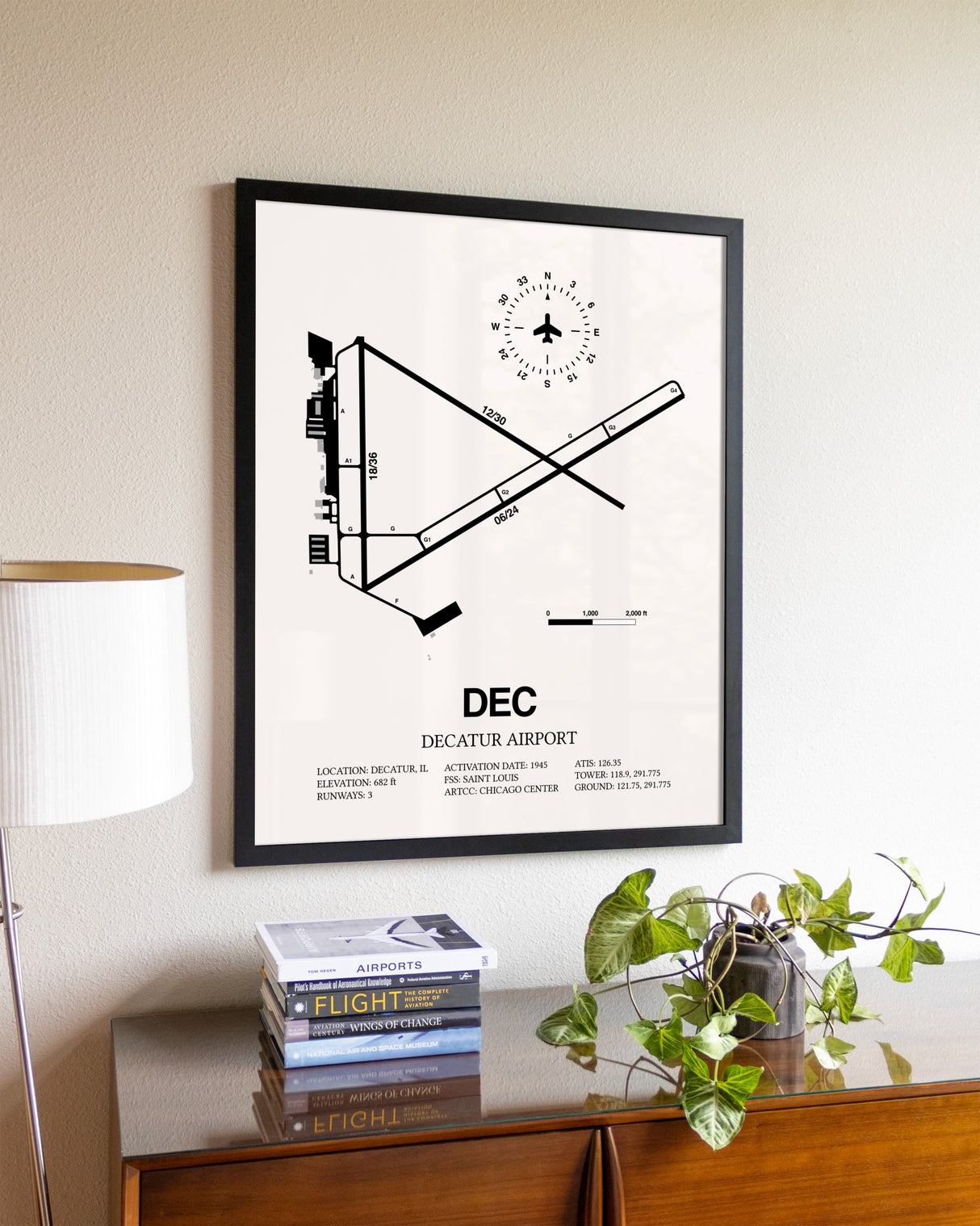 Decatur Airport aviation wall décor in black wood frame