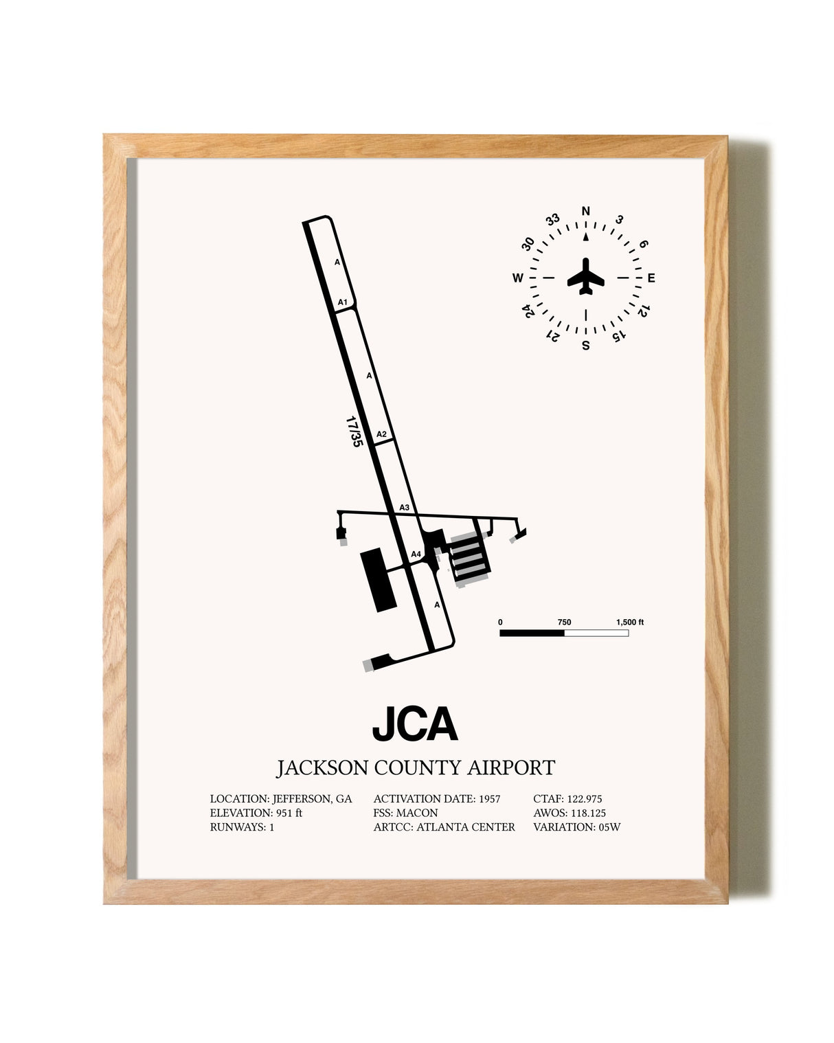 Jackson County Airport framed print in natural wood frame