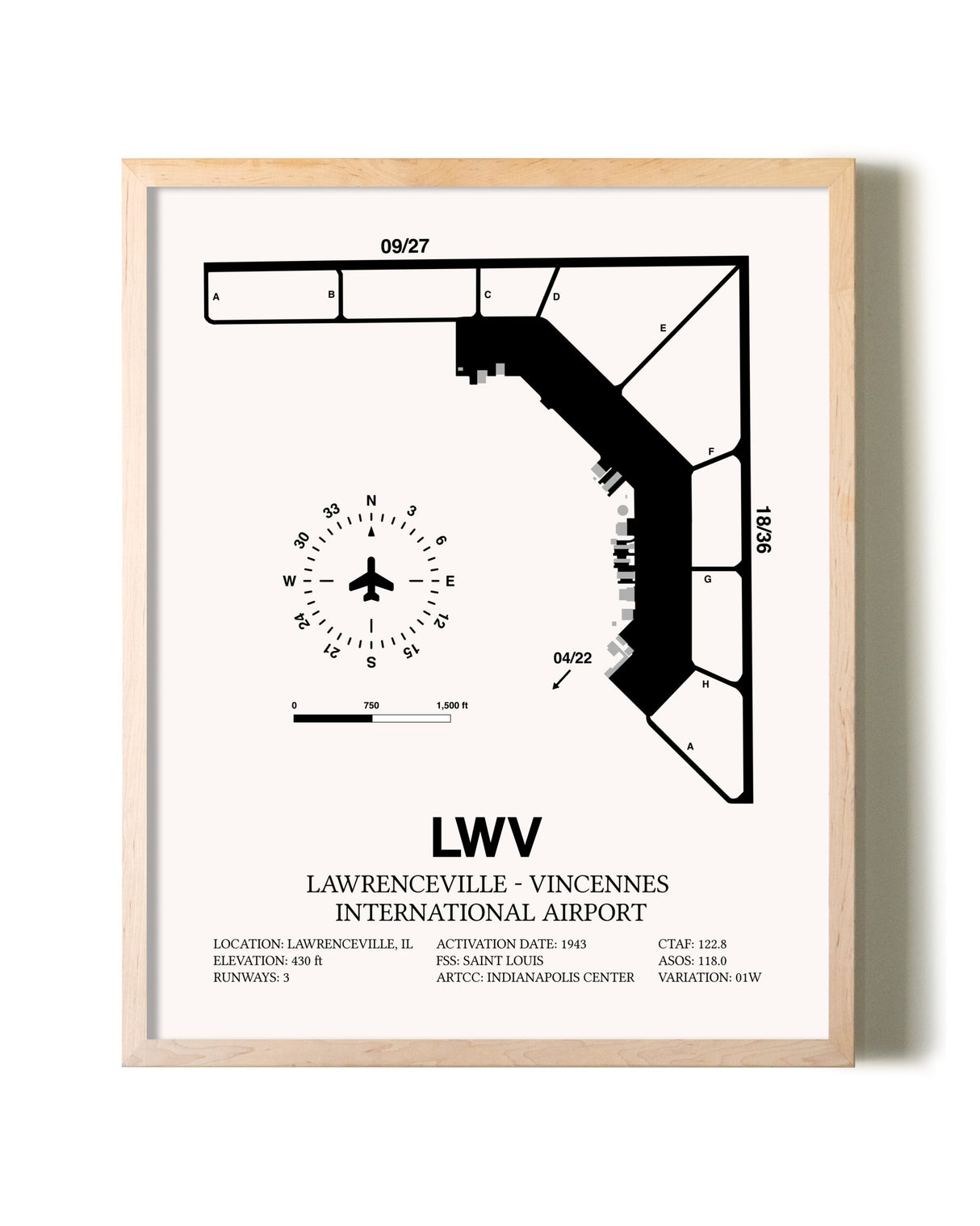 Lawrenceville-Vincennes International Airport framed wall art in white frame